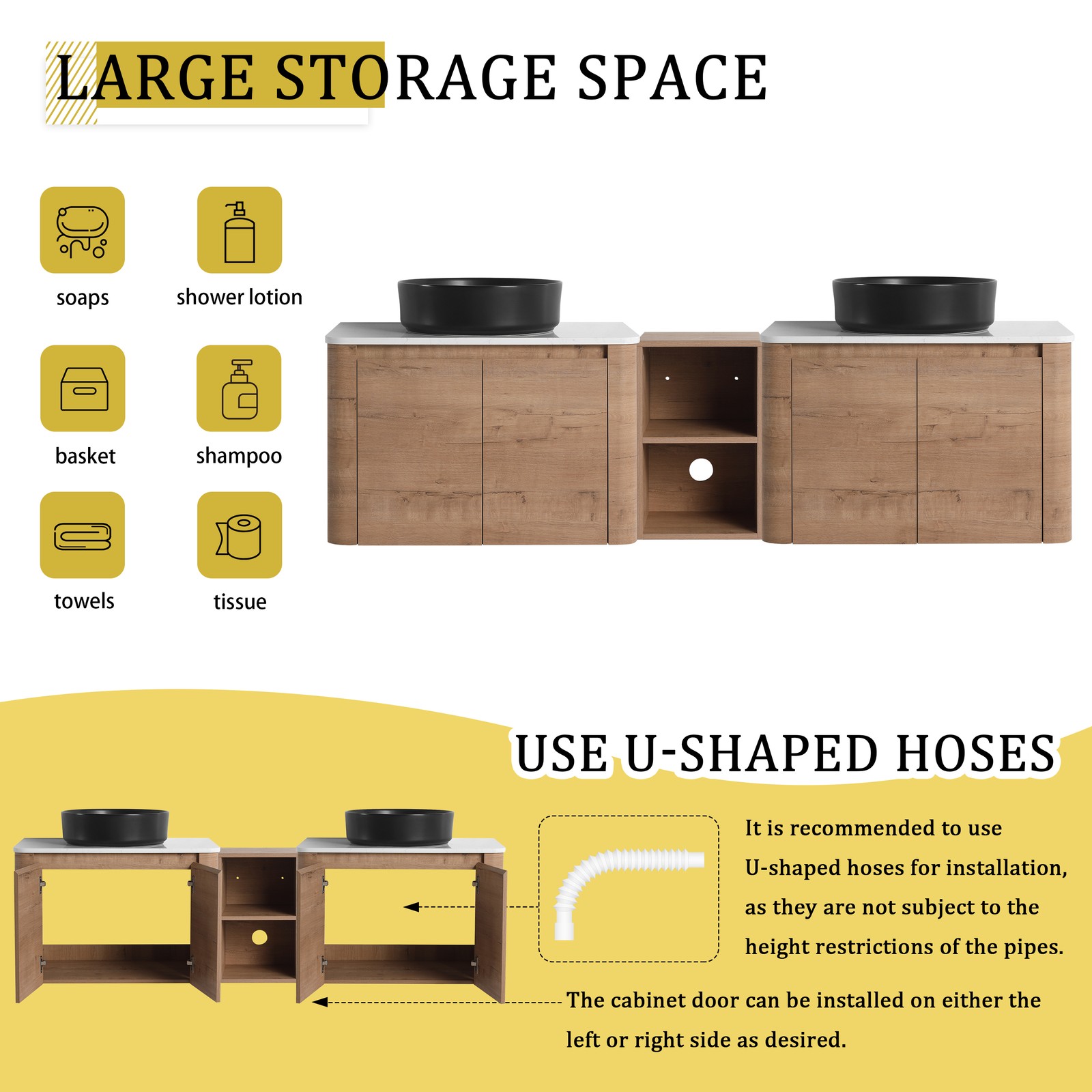 72″ Plywood Wall-Mounted Bathroom Vanity W/ Double Ceramic Black Sink + Shelves