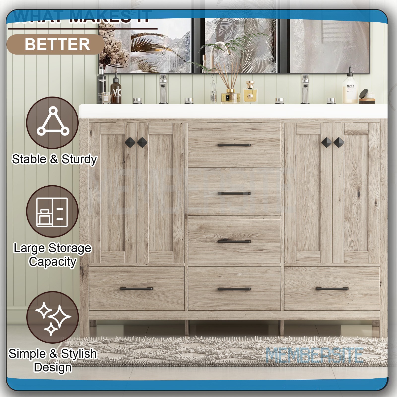 Bathroom Vanity ,47.3″ Vanity Top w/2 Ceramic Sinks ,5 Drawers Freestanding NEW