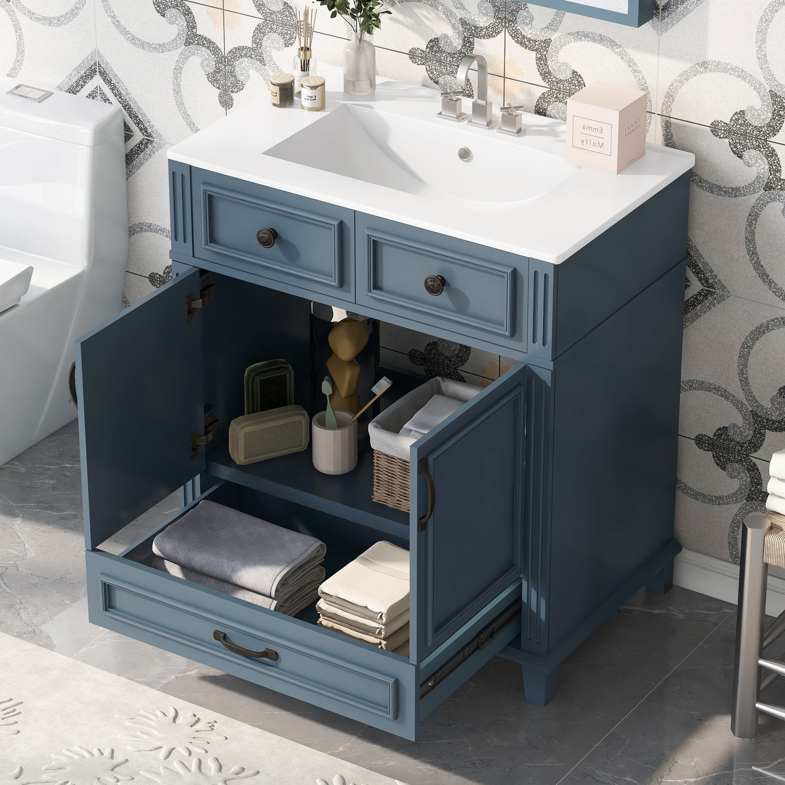 30” Bathroom Vanity with Ceramic Sink,Solid Wood Frame Bathroom Storage Cabinet