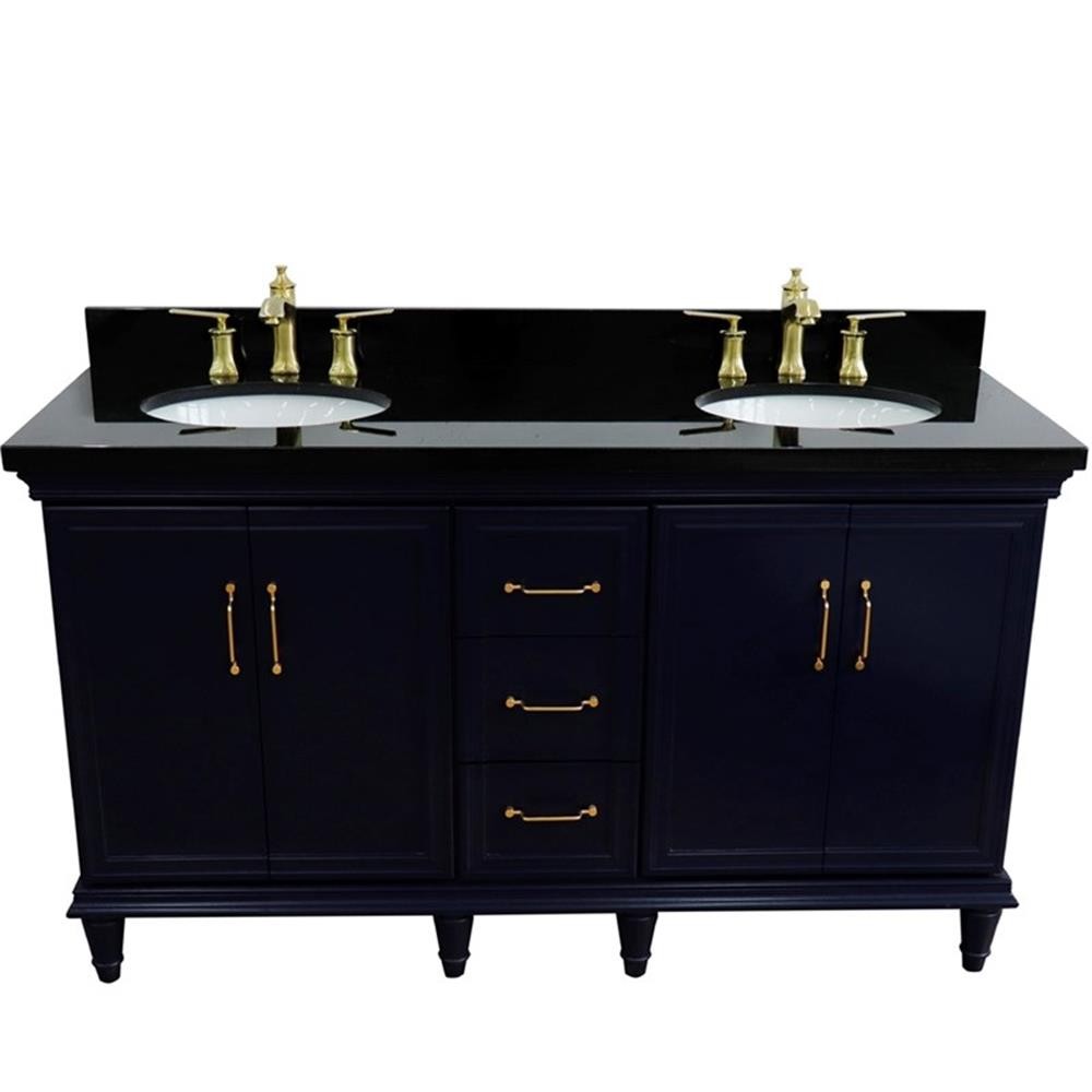 61 in. Double Wooden Vanity Blue Black Galaxy Granite Oval Sink