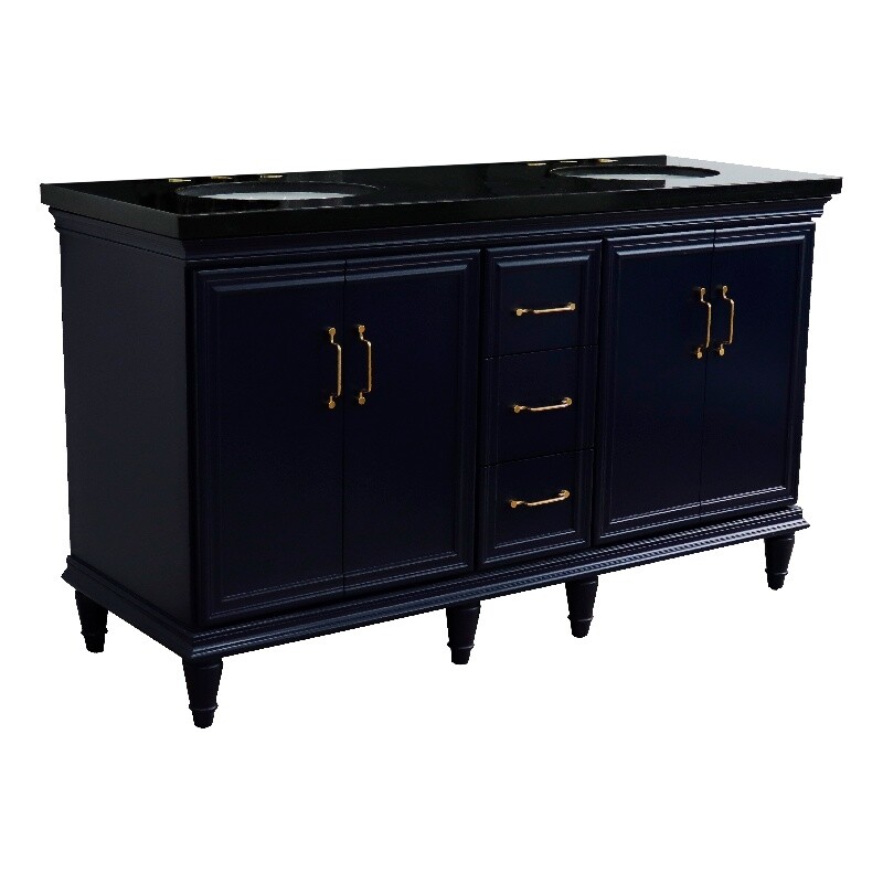 61 in. Double Wooden Vanity Blue Black Galaxy Granite Oval Sink