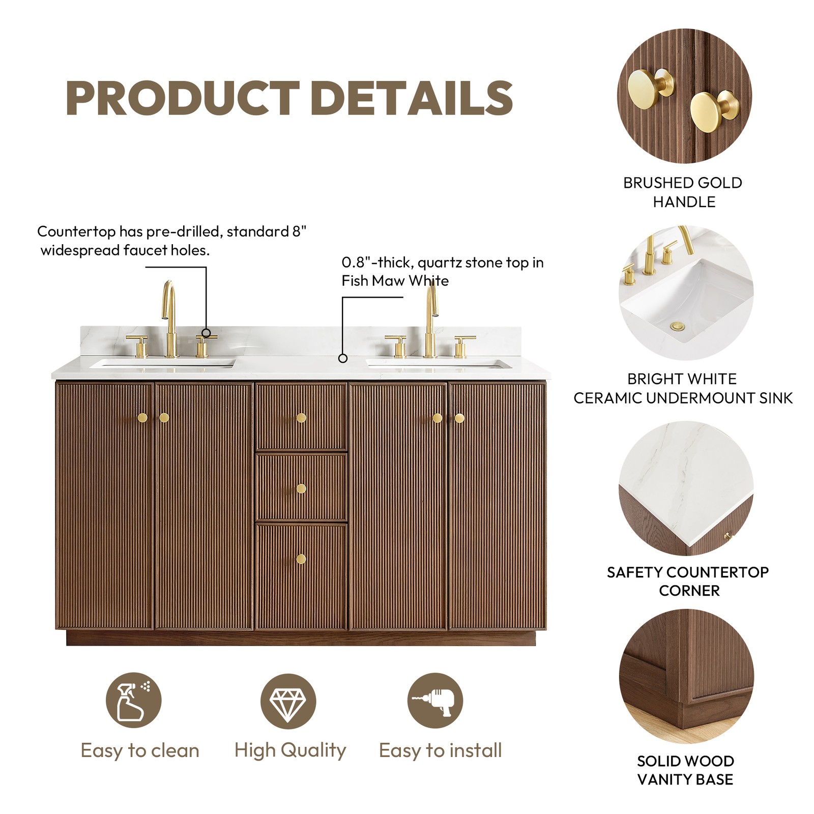 Oza 60M”Double Bath Vanity in Aged Dark Brown Oak with Fish Maw White Quartz Top