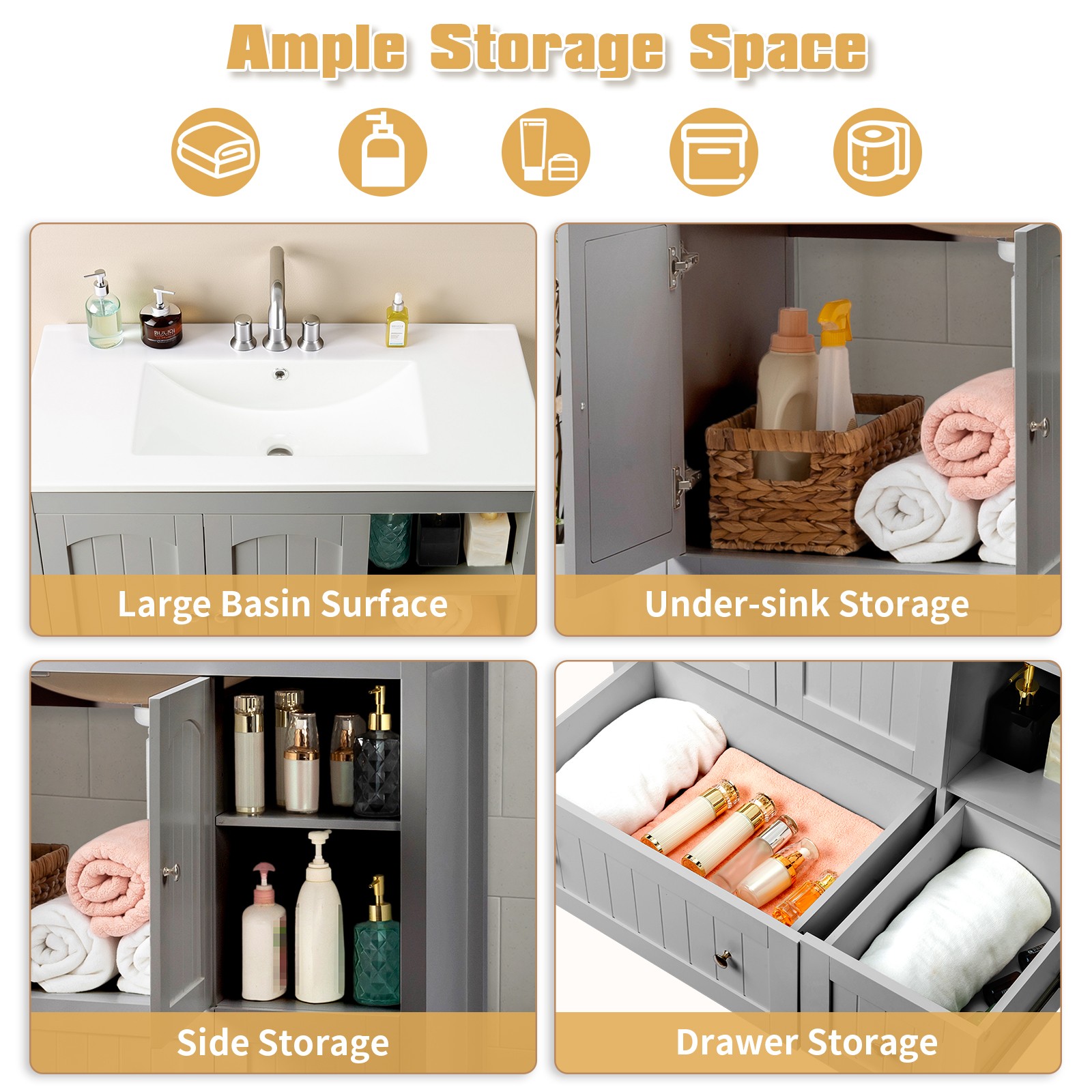 Modern 36″ Bathroom Vanity Without Sink, Wood Cabinet with 2 Doors 2 Drawers