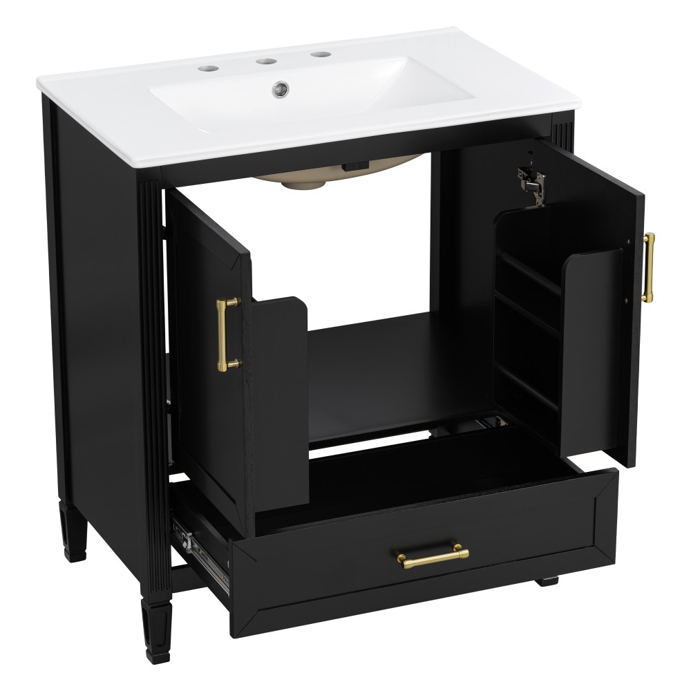 30 Inch Fluted Black Bathroom Vanity with Ceramic Sink Soft-Close Doors Drawer