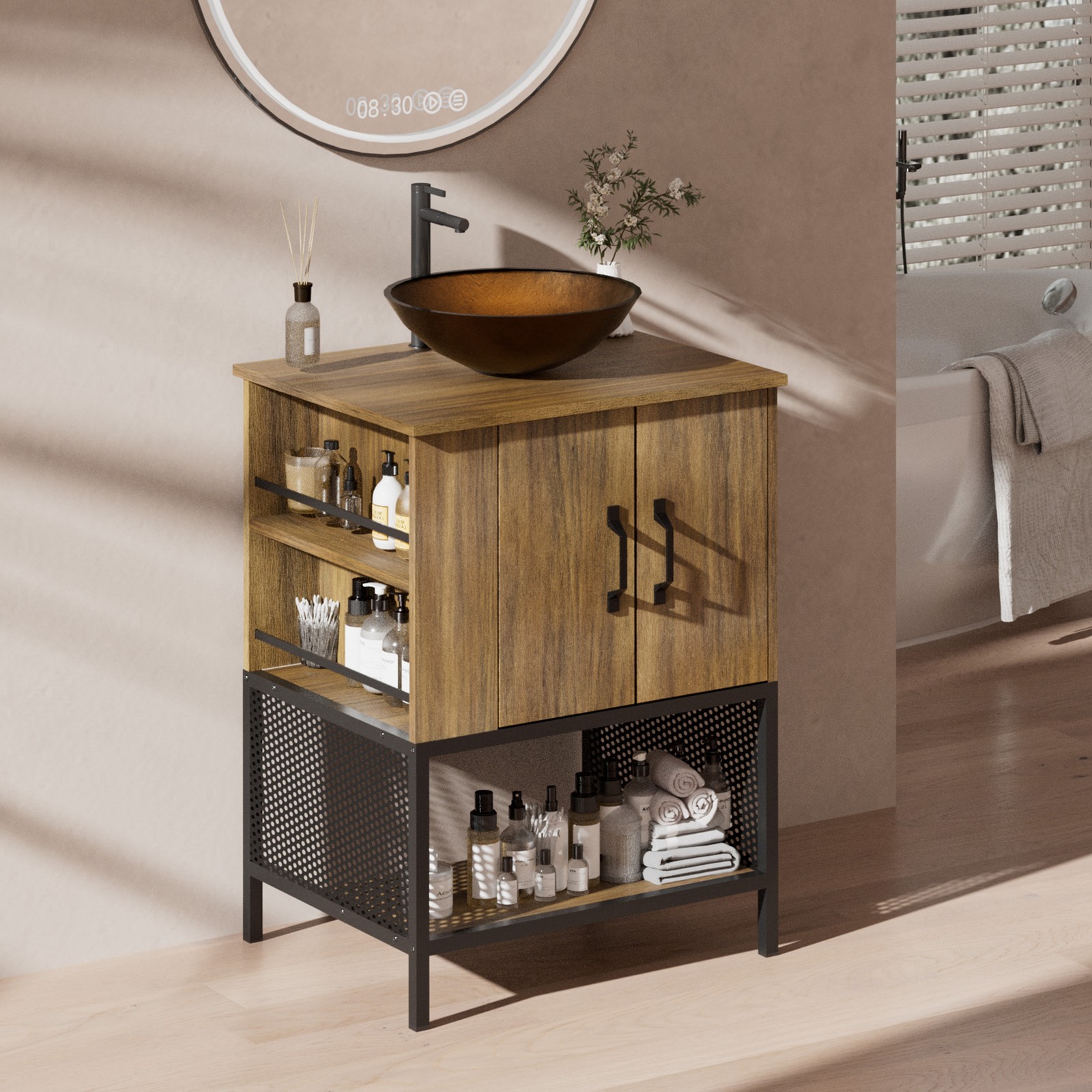 24″ Bathroom Vanity Set Storage Cabinet with Vessel Sink & Open Shelf Cabinet