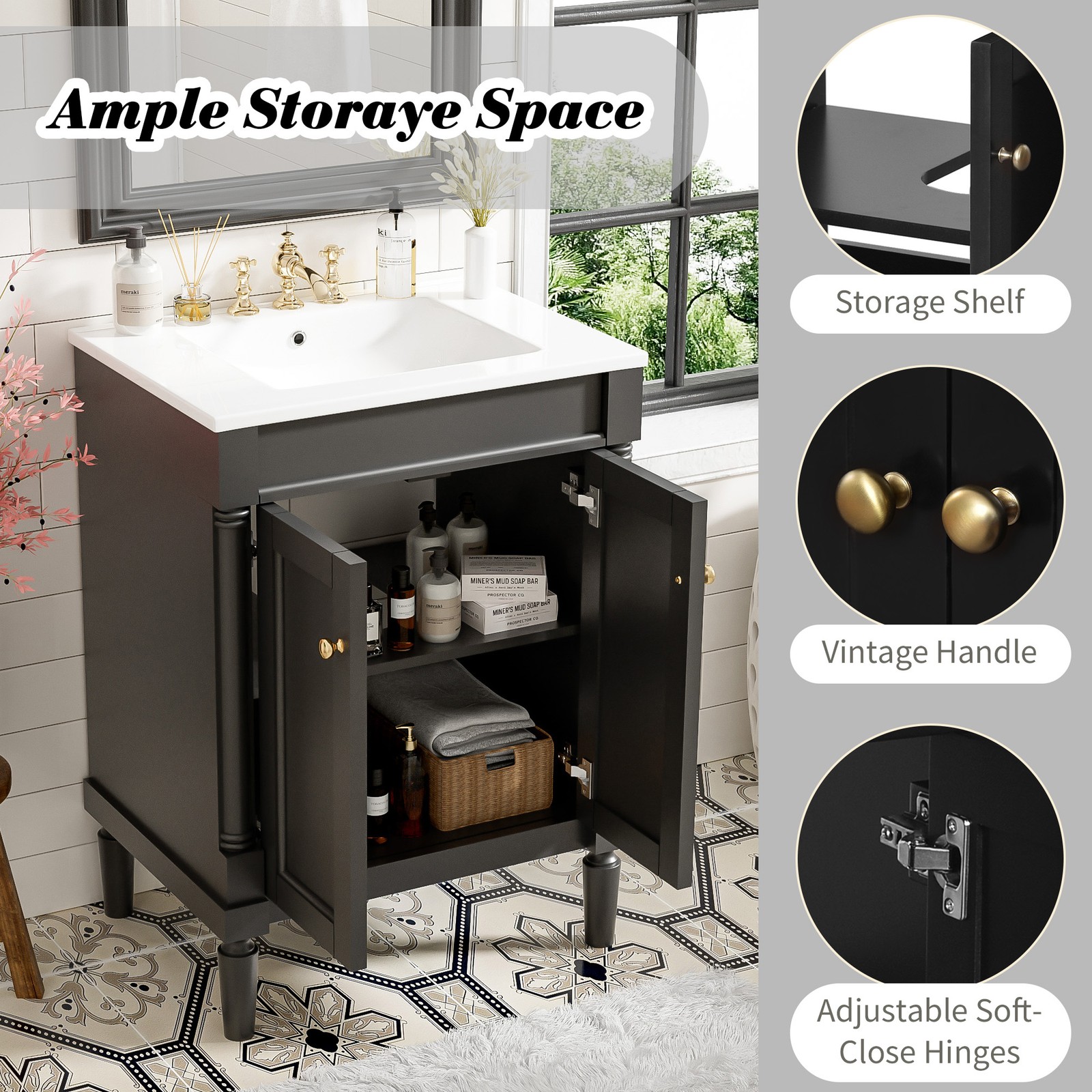 24″ Bathroom Vanity with Sink, Modern 2-Tier Storage Cabinet, Black
