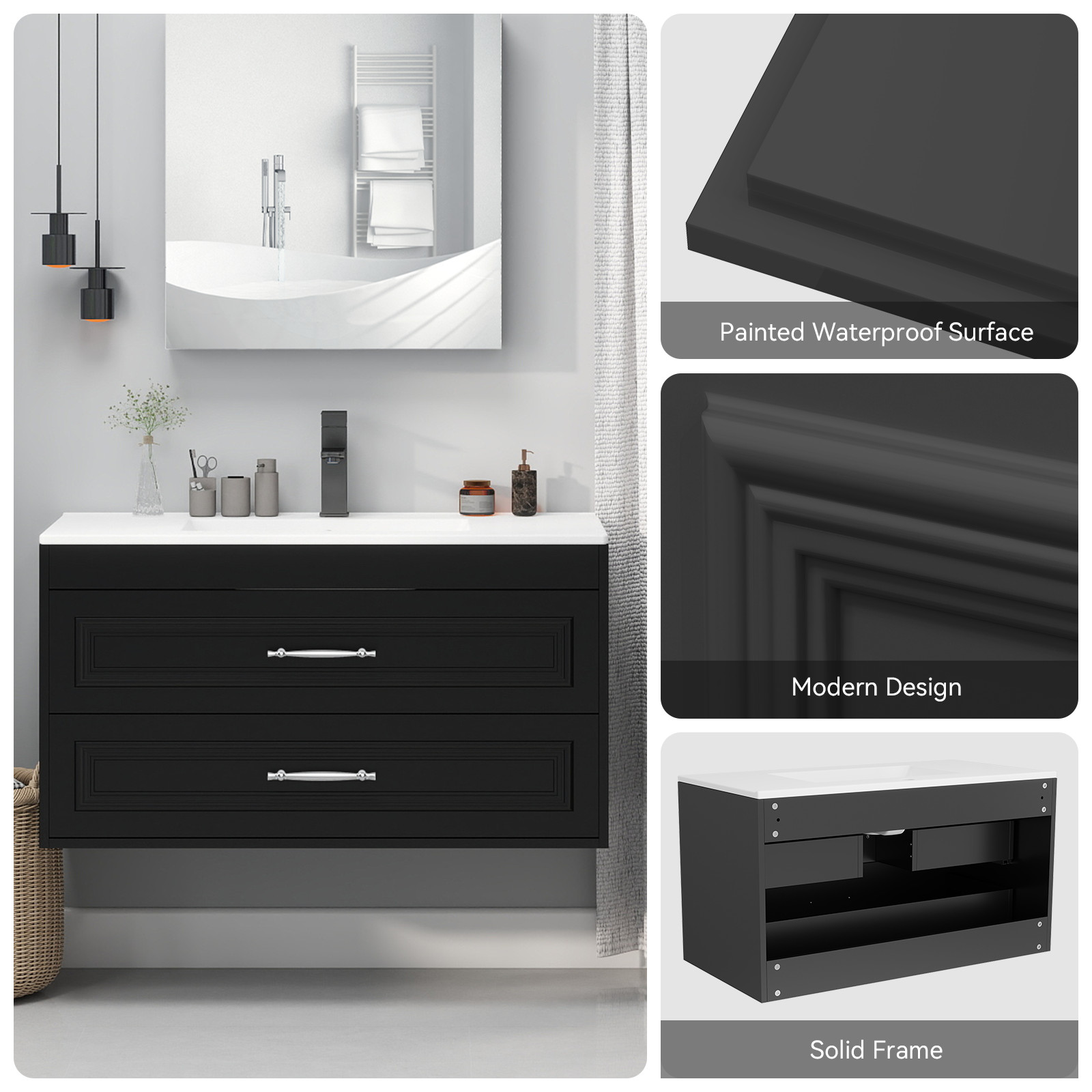 36″ Black Wall Mounted Floating Vanity with Sink Soft Close Bathroom Cabinet