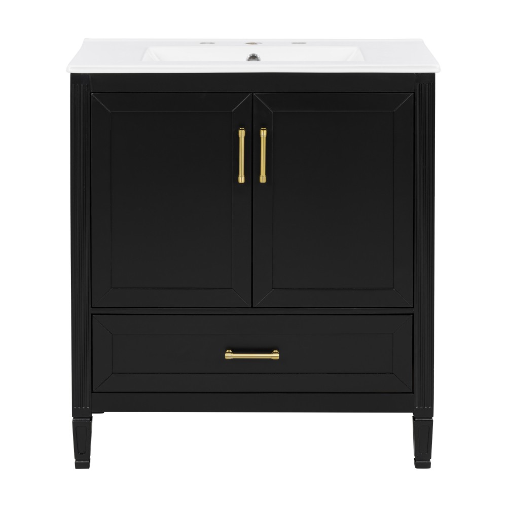 30 Inch Fluted Black Bathroom Vanity with Ceramic Sink Soft-Close Doors Drawer