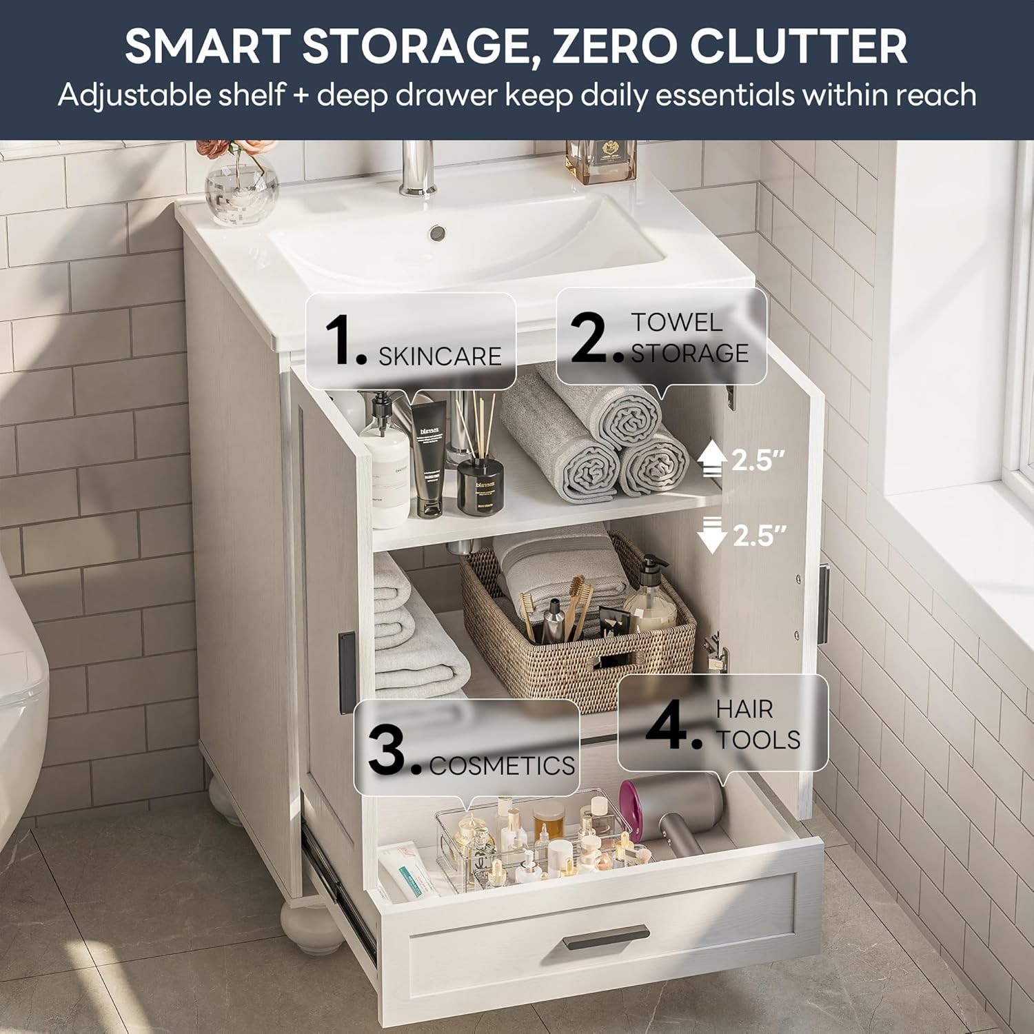 24″ Bathroom Vanity with Ceramic Sink, Small Bathroom Storage Cabinet, 2 Doors