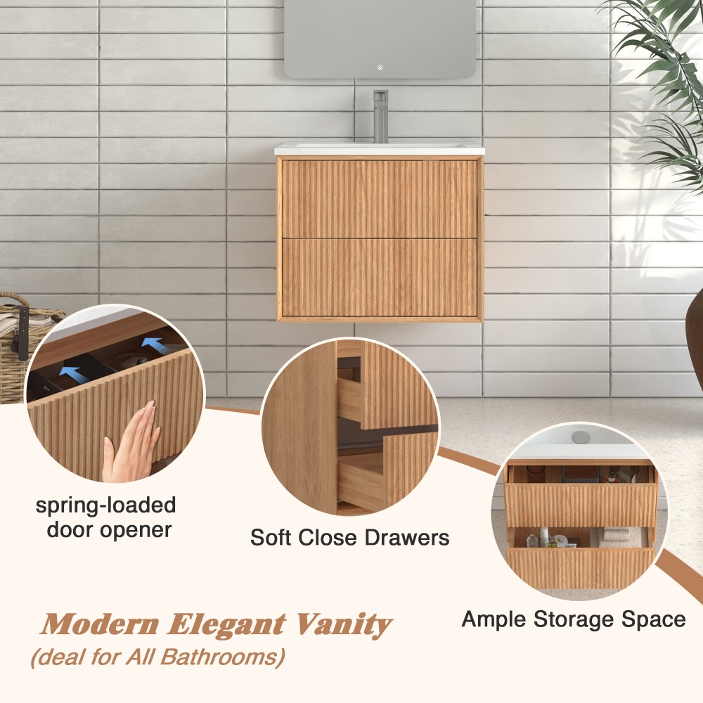 24 Inch Walnut Floating Bathroom Vanity Wall Mounted Solid Wood Cabinet