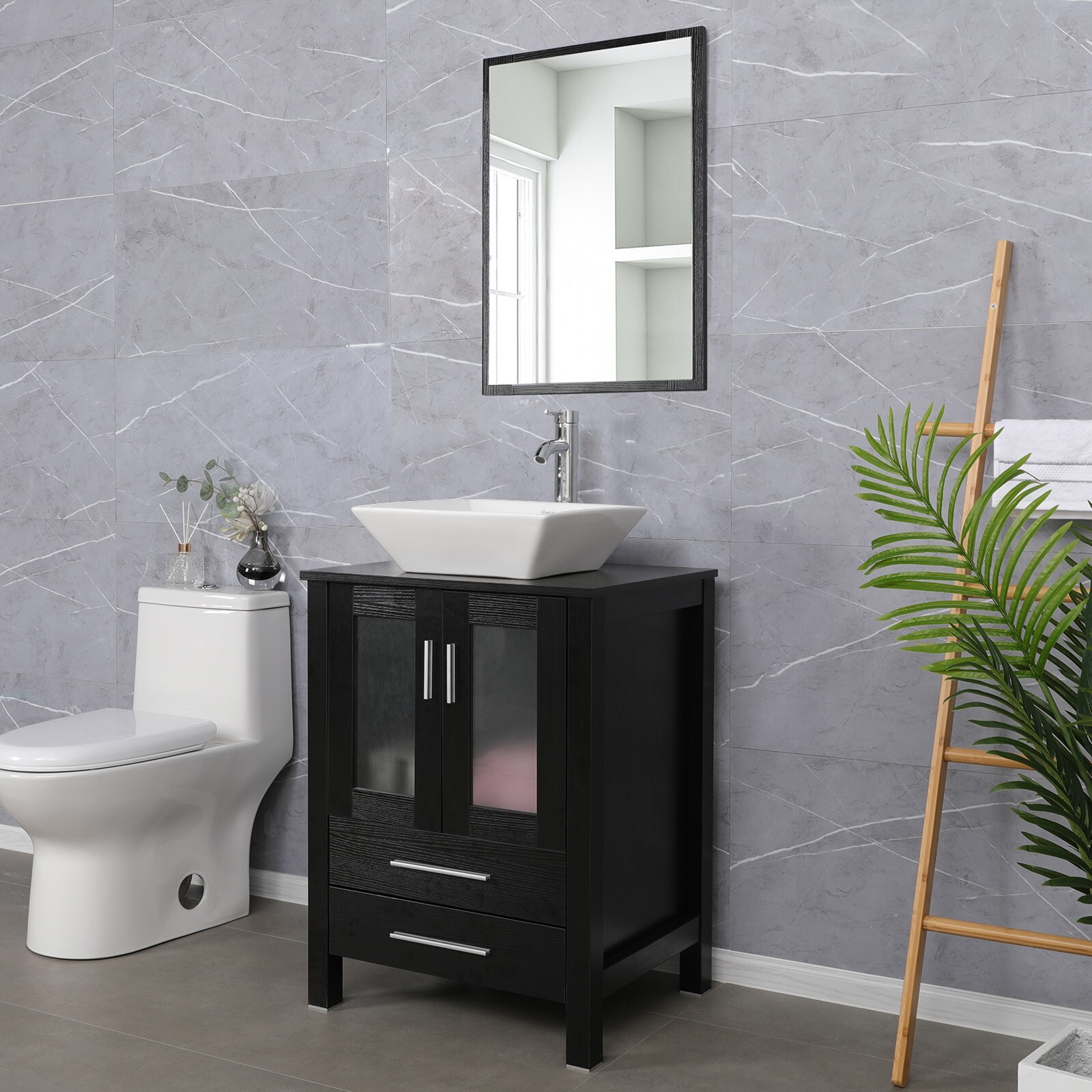 24″ Bathroom Vanity Set Black W/mirror & White Ceramic Sink Faucet Drain Combo