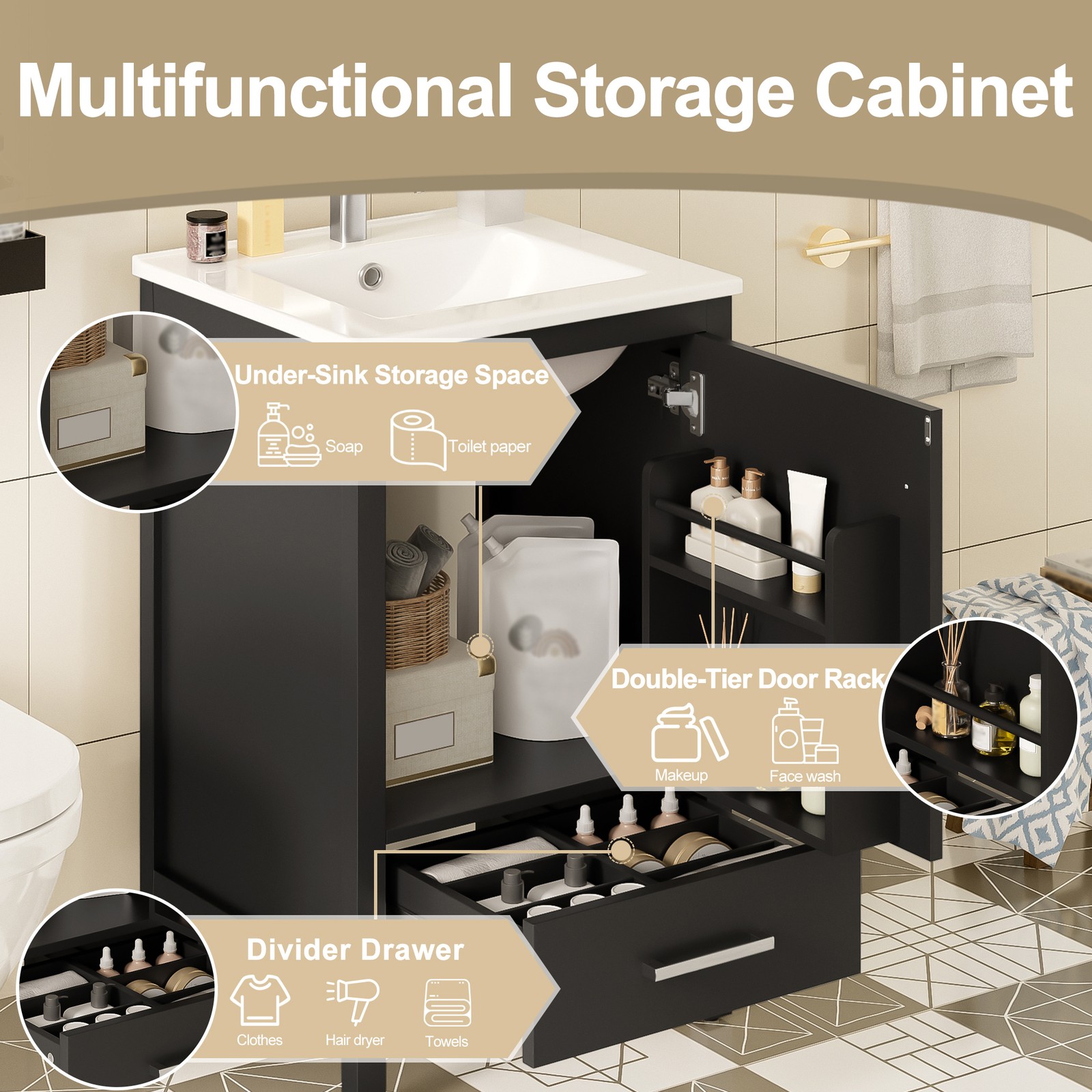 Modern Bathroom Vanity w/Ceramic Sink,Storage Cabinet w/Soft-Close Drawer & Door