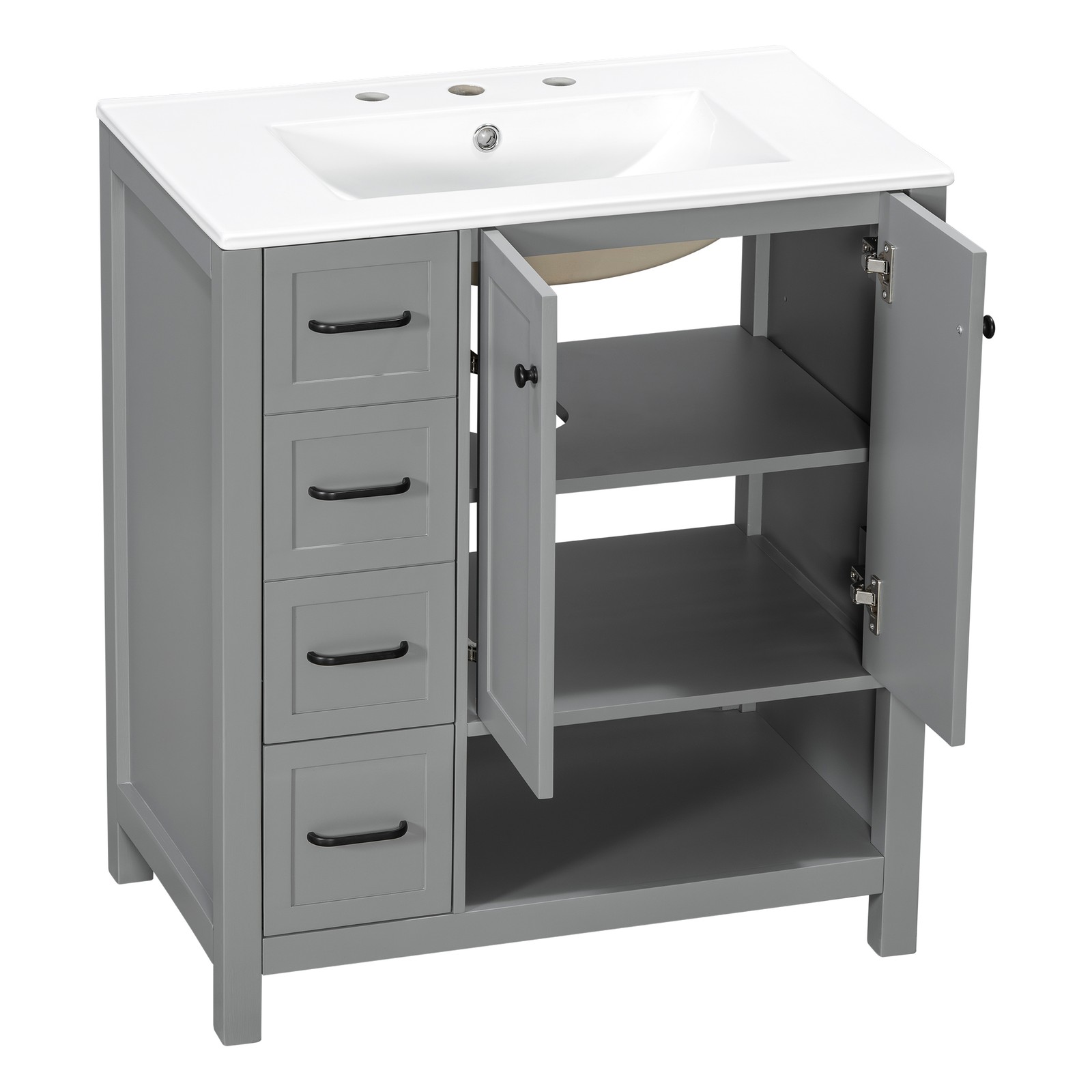 30″ Bathroom Vanity with Sink, 2 Doors & 2 Drawers, Solid Wood, Gray