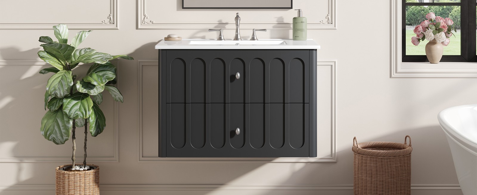 30″ Modern Bathroom Cabinet Floating Bathroom Vanity w/Oval Knobs & Round Edge