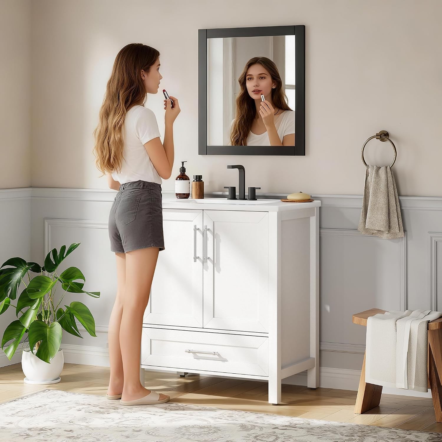 30” Freestanding Bathroom Vanity Modern Bath Storage Cabinet White with Drawer