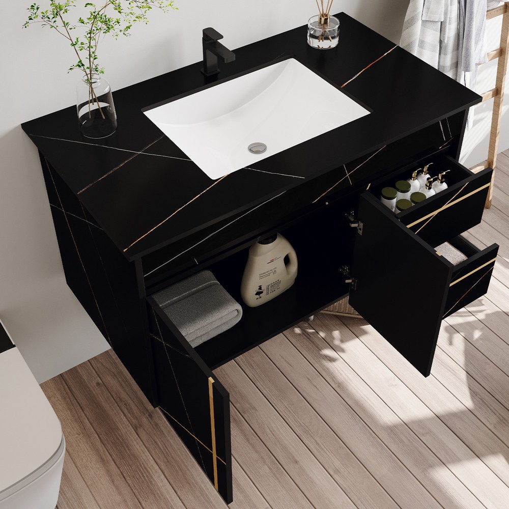 35.4″ Wall Mounted Bathroom Vanity with Sink, Floating Vanity Cabinet, 2 Drawers