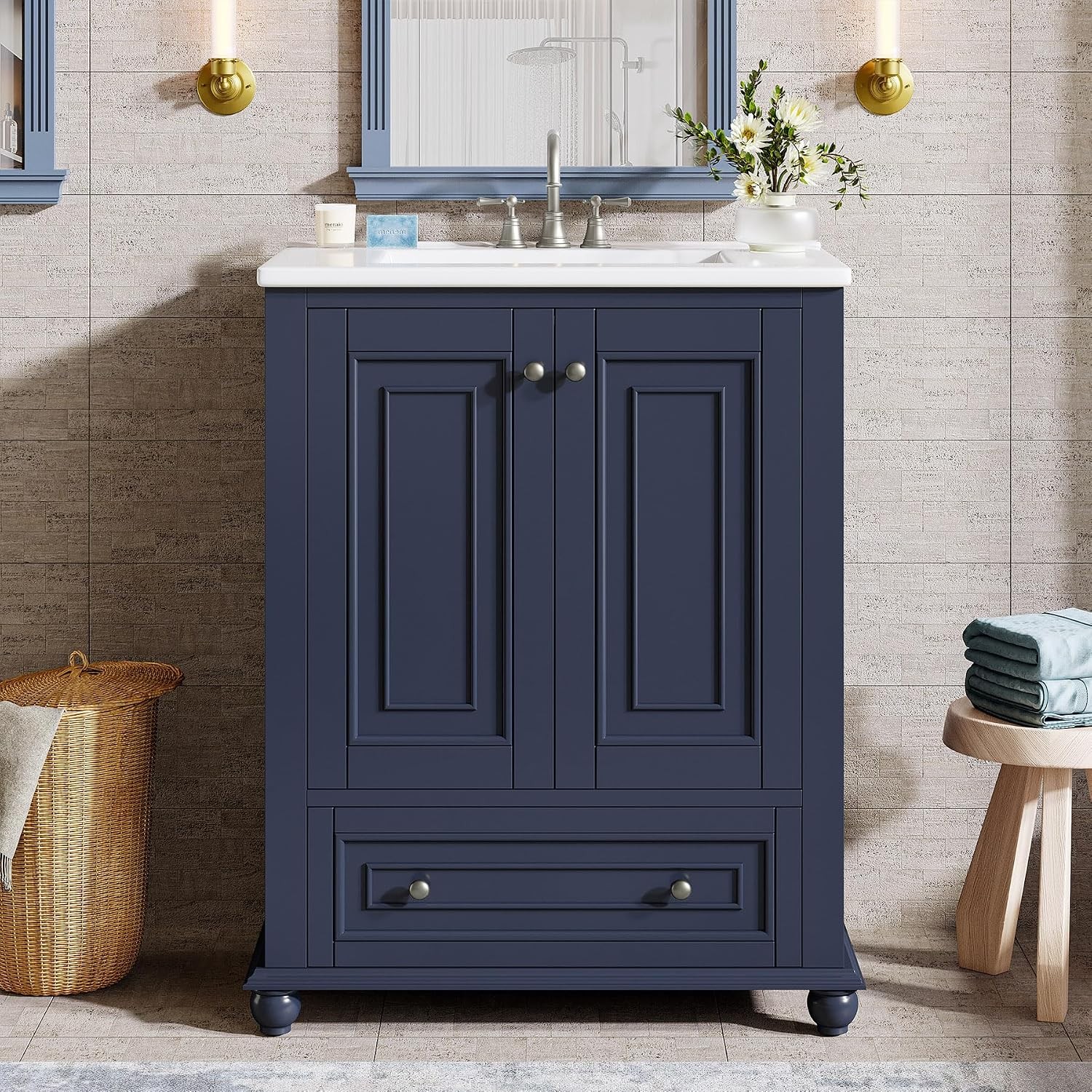 24″ Bathroom Vanity with Ceramic Sink Combo Navy Blue Cabinet w/ Doors & Drawer