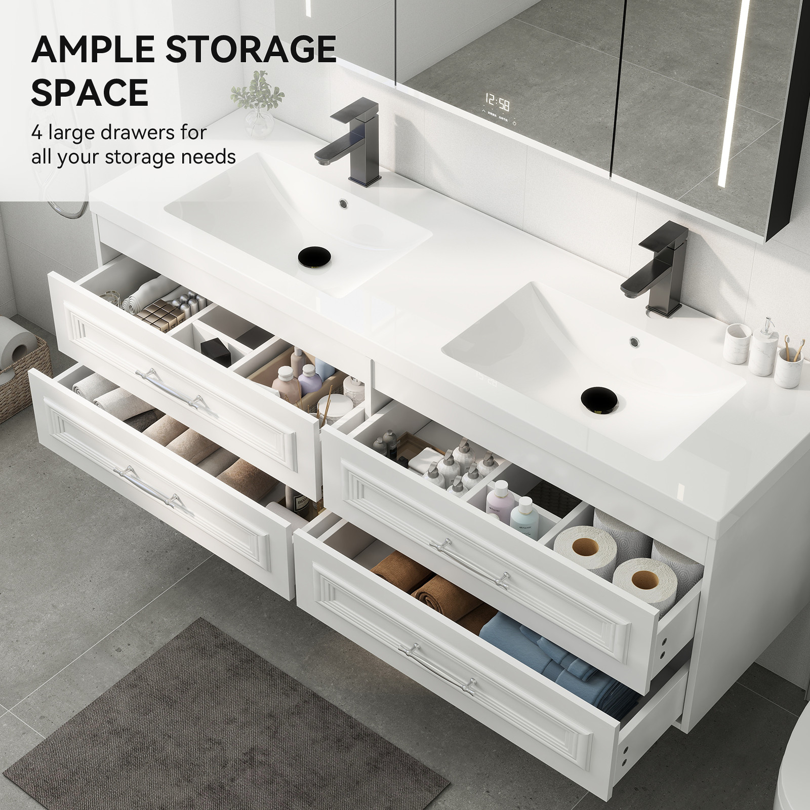 60″ Floating Vanity with Sink Wall Mounted White Soft Close Bathroom Cabinet
