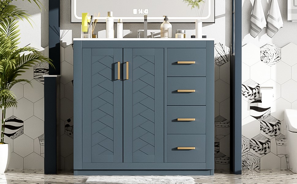 36″ Bathroom Vanity with Ceramic Sink, Solid Wood Frame, 3 Drawers & Doors