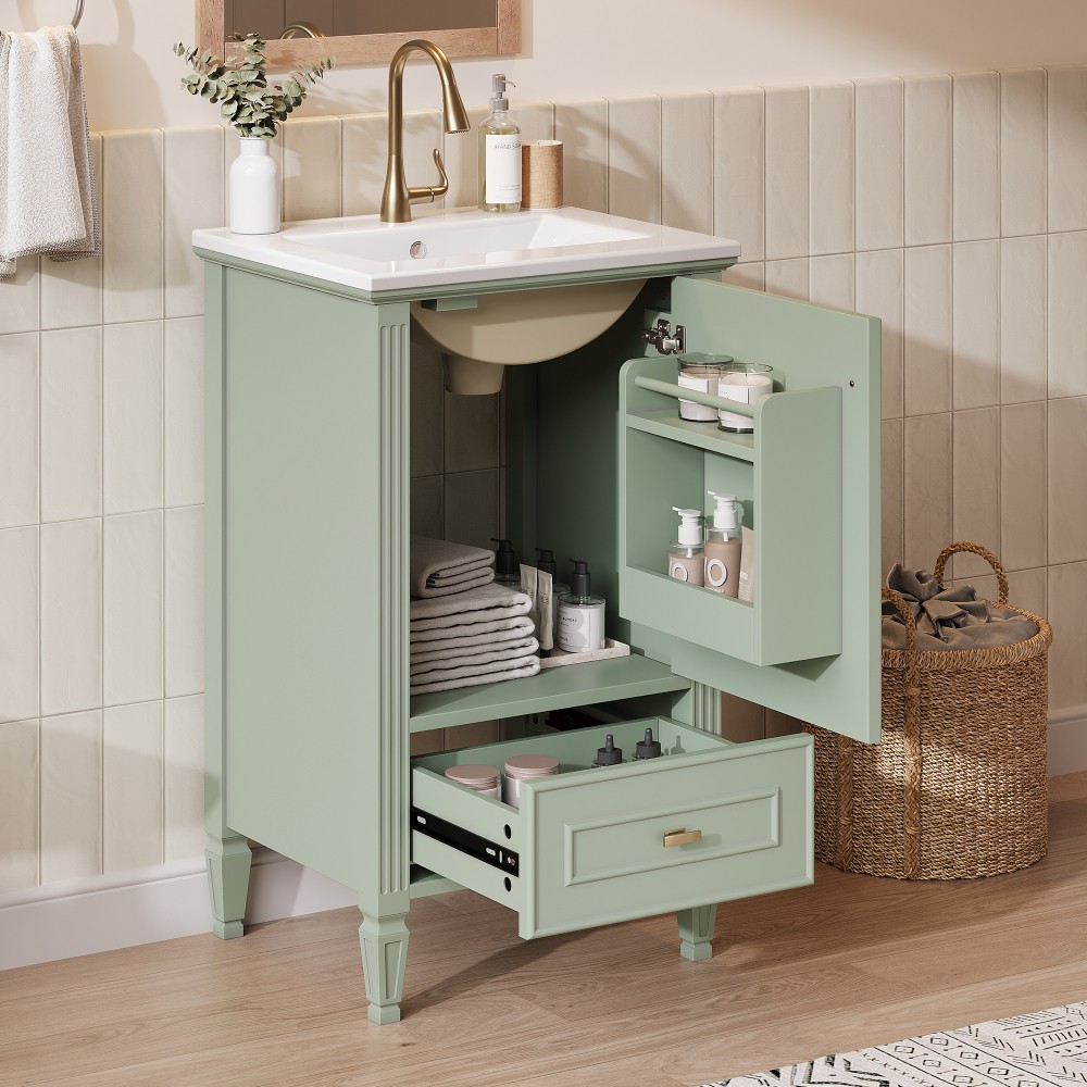 20″ Green Bathroom Vanity, Ceramic Sink, Solid Wood Legs, Soft-Close, Storage