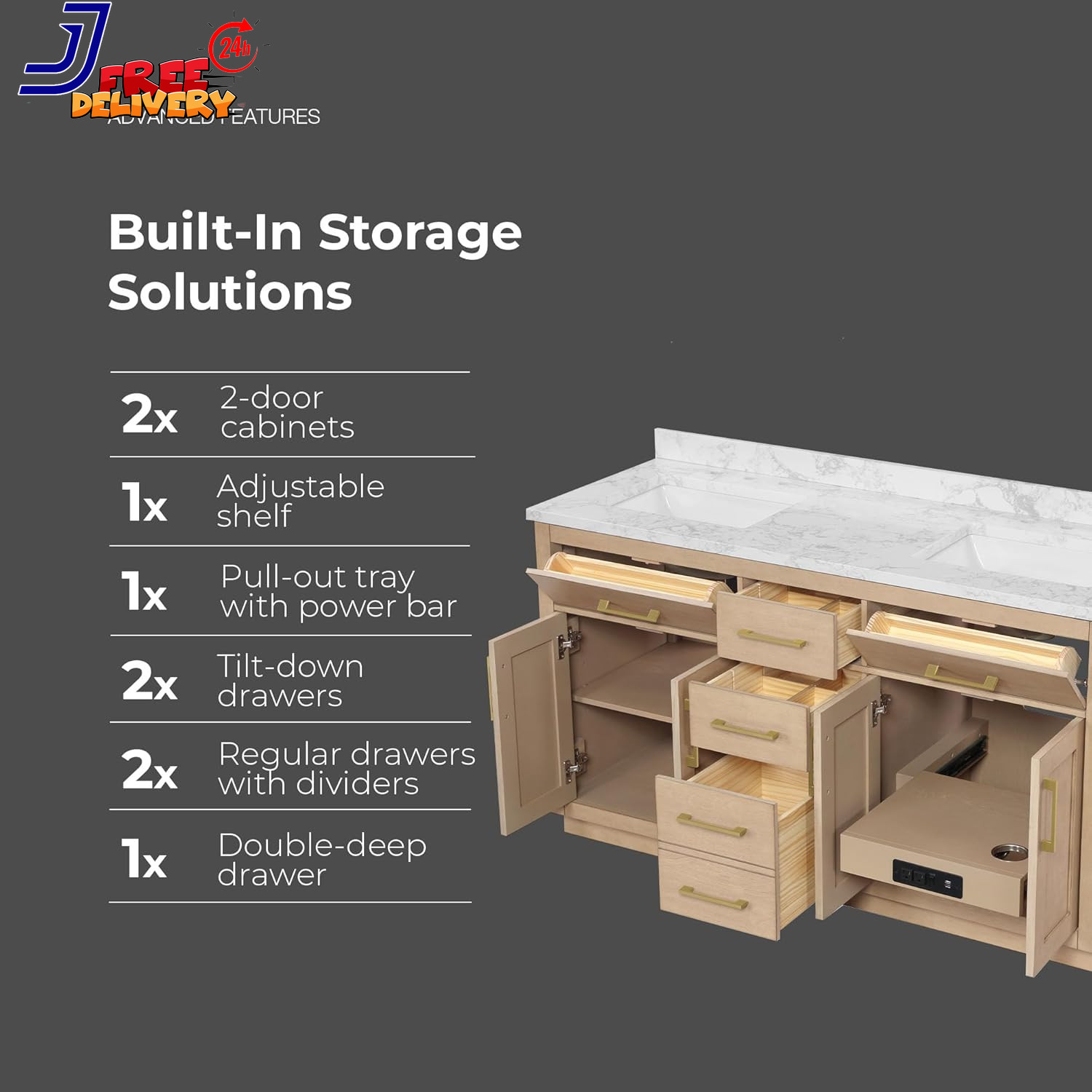 60 In. Double Sink Freestanding Sahara Birch Bathroom Vanity w/White Engineered