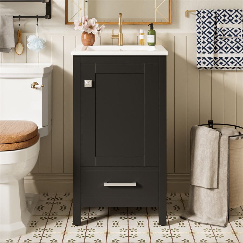 18″ Modern Bathroom Vanity with Ceramic Sink,Soft-Close Drawers & Door Organizer