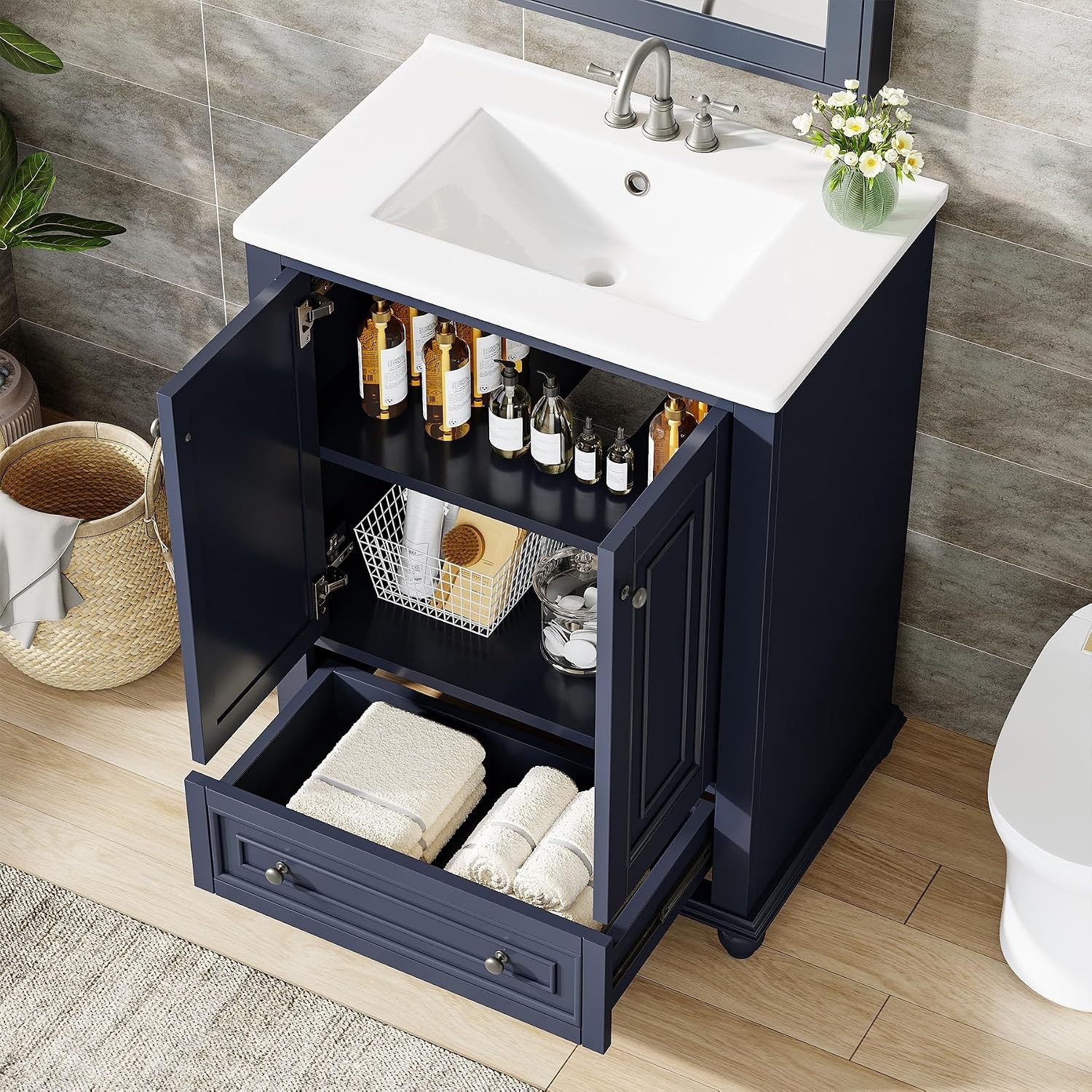 24″ Bathroom Vanity with Ceramic Sink Combo Navy Blue Cabinet w/ Doors & Drawer