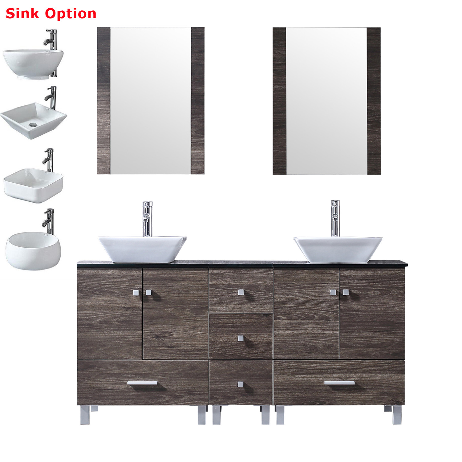 Modern 60″ Bathroom Vanity Double Cabinets 4 Ceramic Sink Faucet w/Glass Top