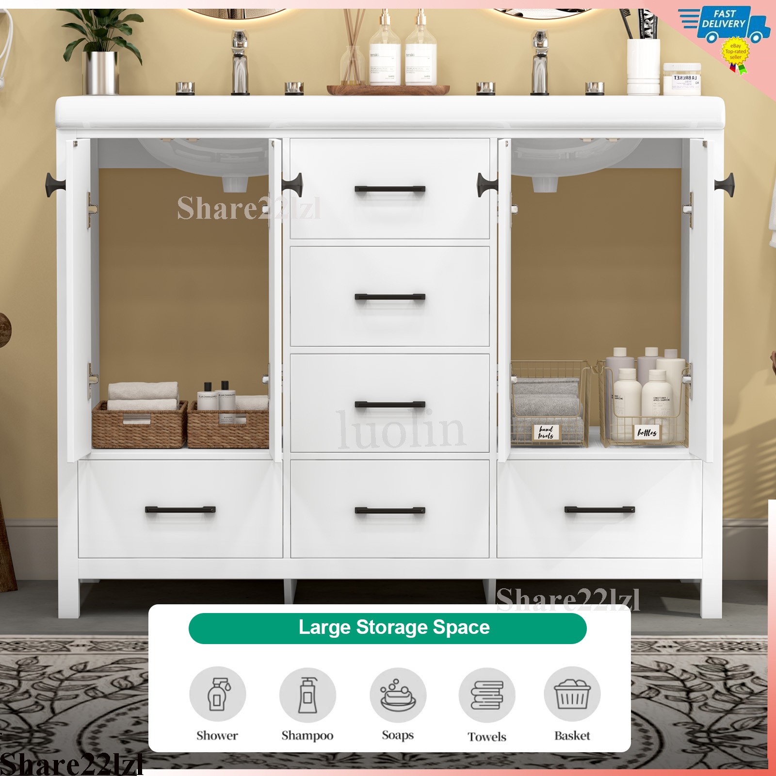 47″ Bathroom Vanity Storage Cabinet with Double Ceramic Sink White Freestanding