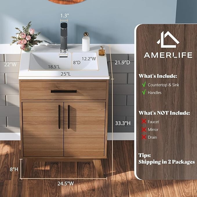 AMERLIFE 24.5″ Bathroom Vanity with Sink Combo, Mid-Century Modern Small Single
