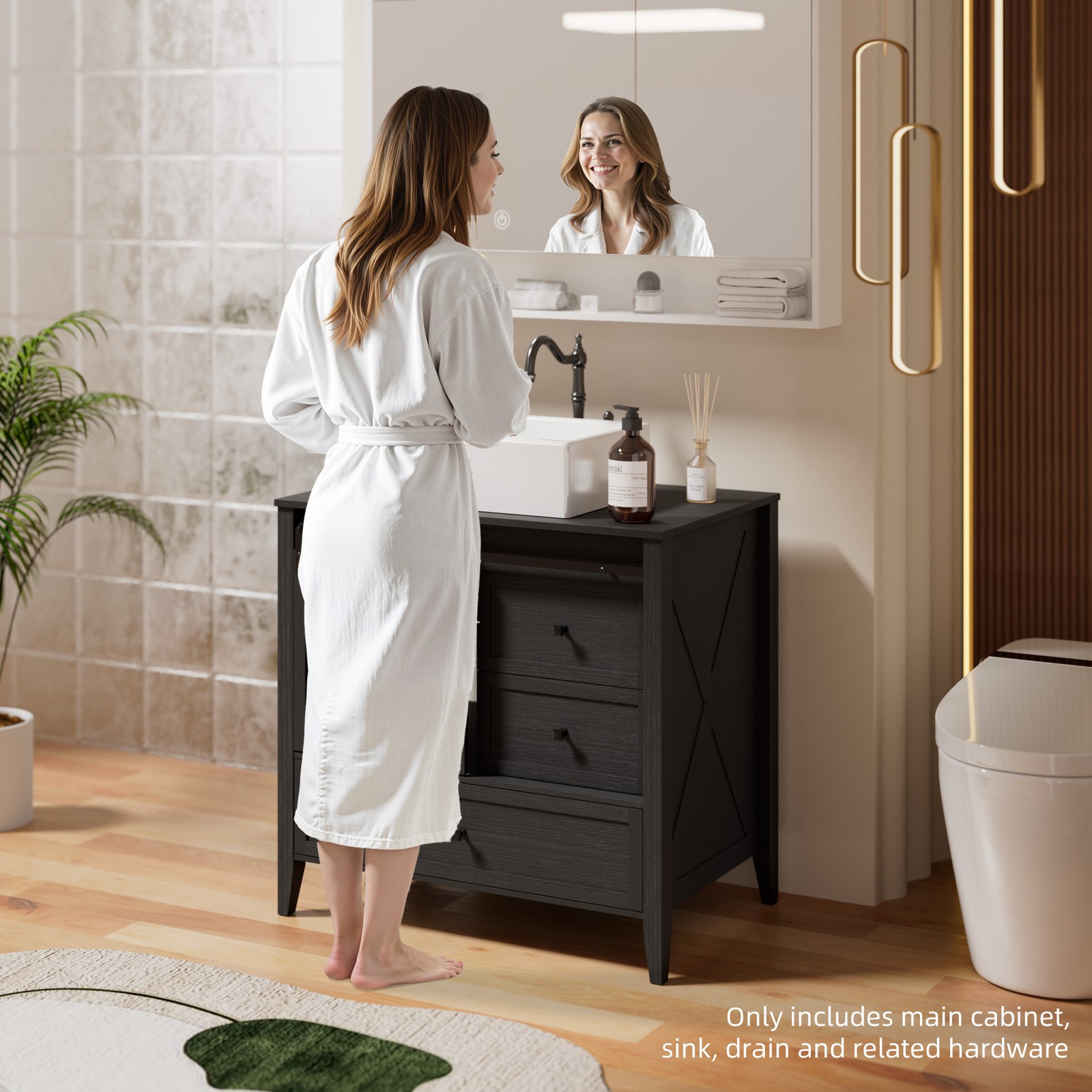 36″ Bathroom Vanity w/Sink Ceramic Freestanding Cabinet Wood Grain Texture Black