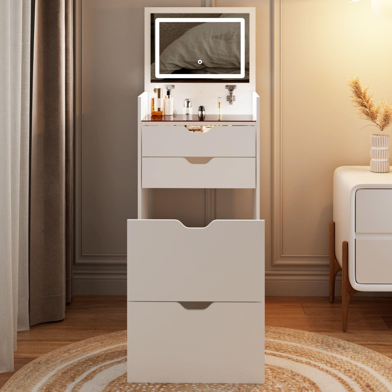 3-in-1 Vanity Desk Set with Mirror Stool LED Lights Drawers Hidden Storage White