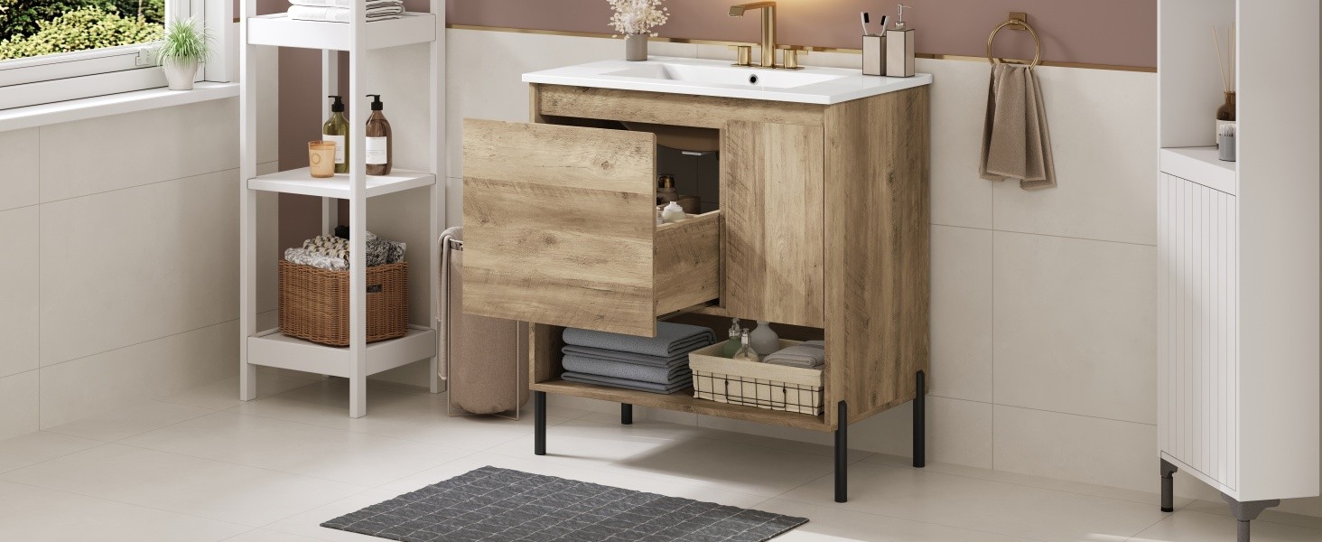 30″ Modern Wood Bathroom Vanity w/Ceramic Sink Bathroom Storage Cabinet，Drawer