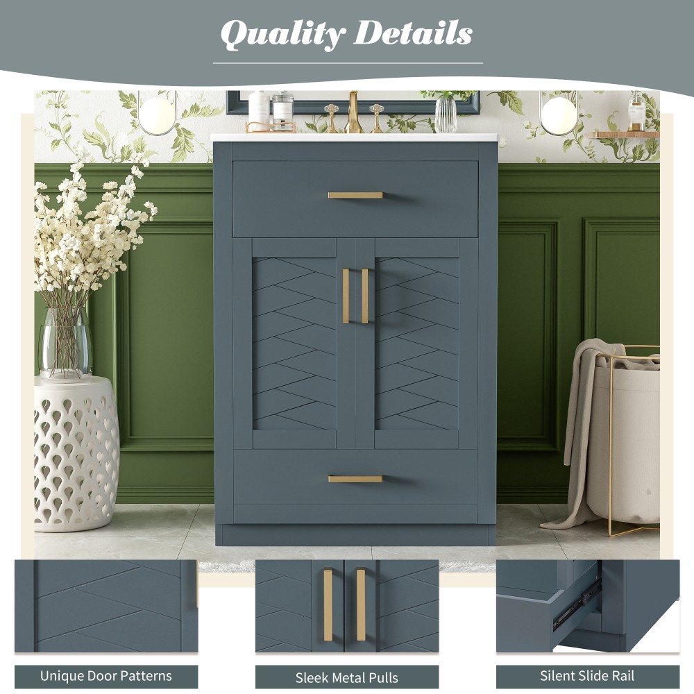24in Bathroom Vanity Integrated Ceramic Sink 2 Doors 1 Tip-out Drawe