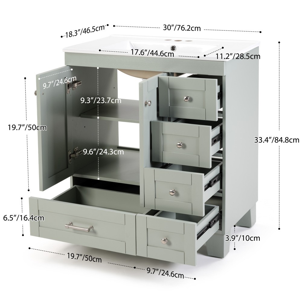 30″ Blue Grey Bathroom Vanity with Ceramic Sink – Soft-Close Drawers