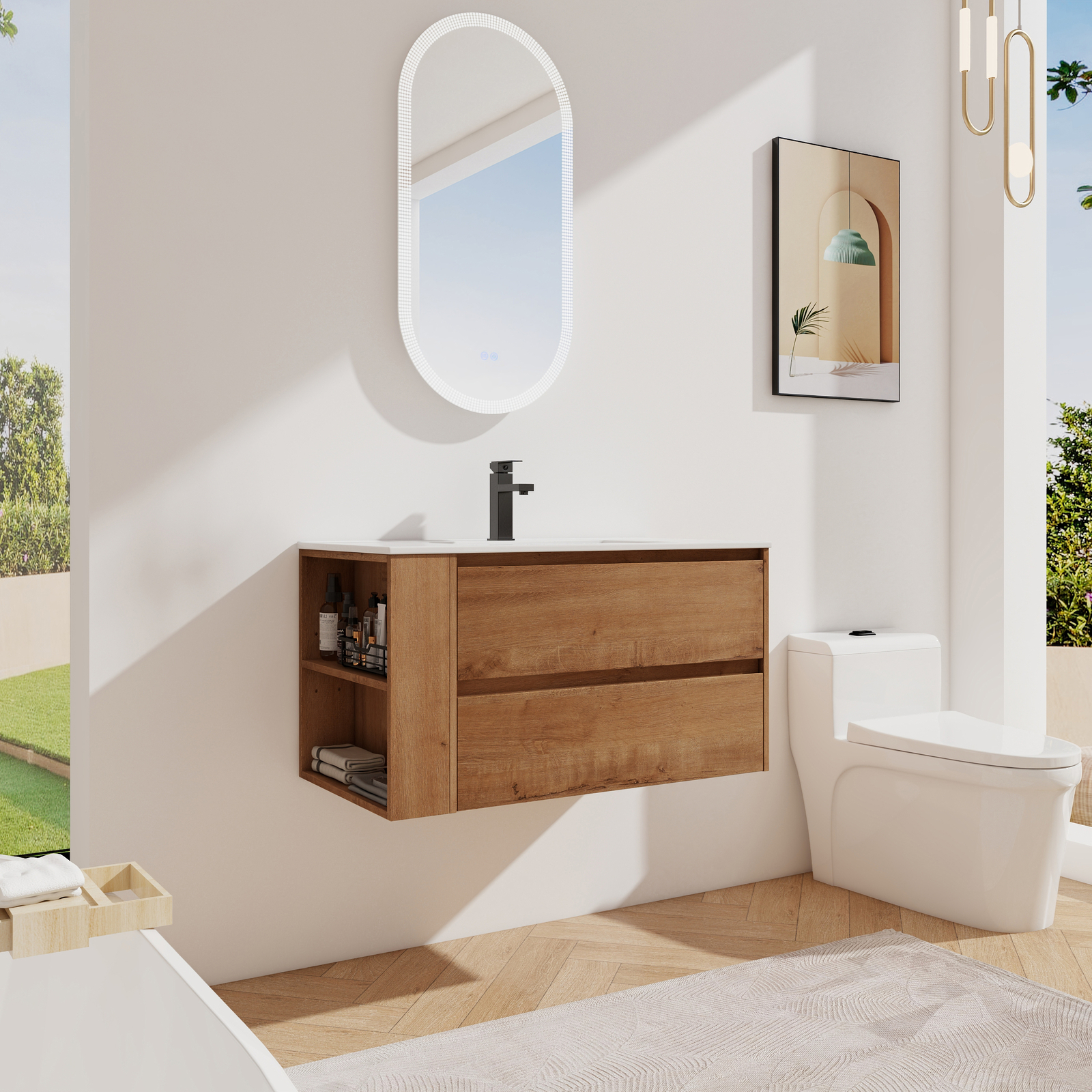 36inch Wooden Floating Wall Mounted Bathroom Vanity W/ Side Shelf Ceramic Sink