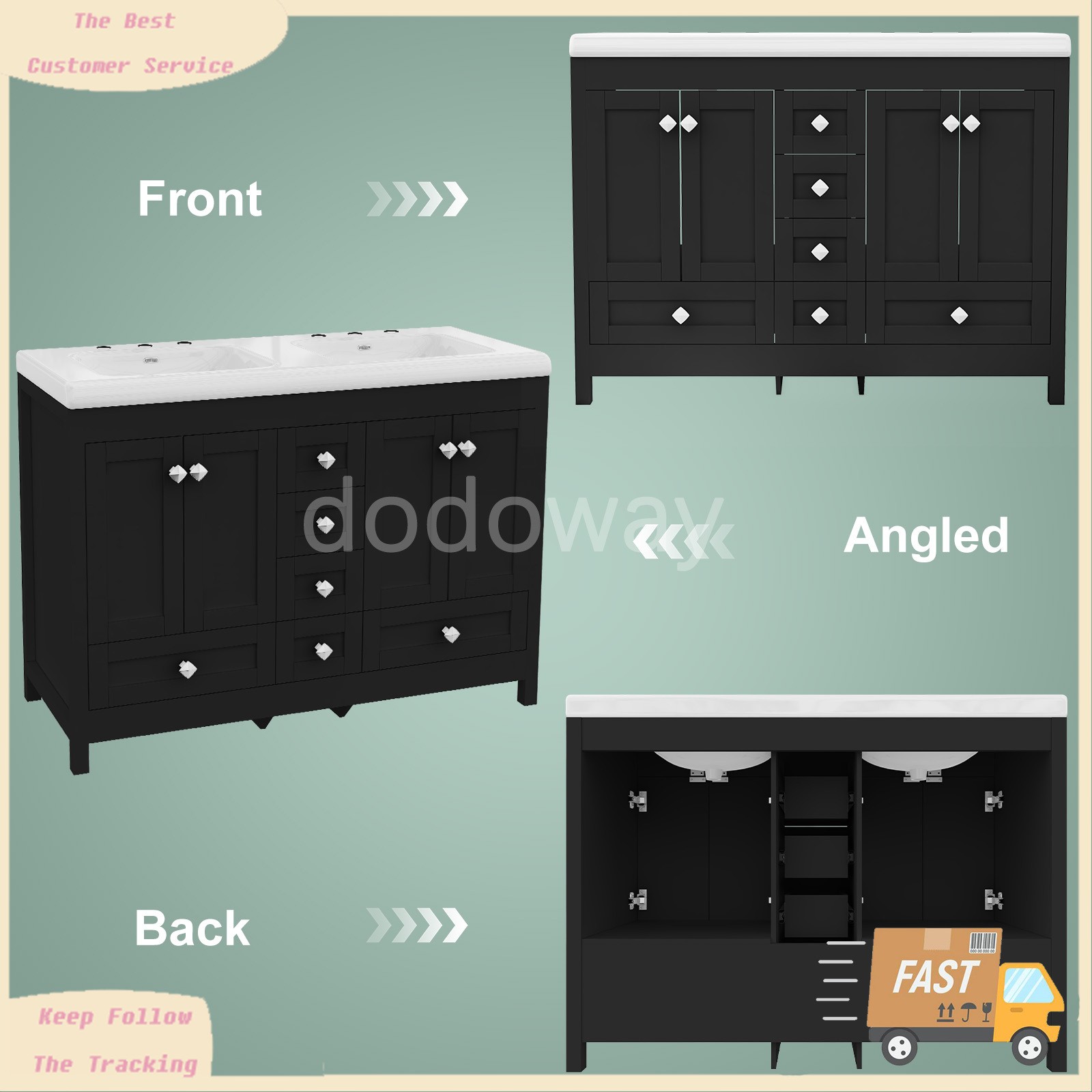 Modern 47″ Double Sink Vanity Freestanding Ceramic Bathroom Cabinet Black
