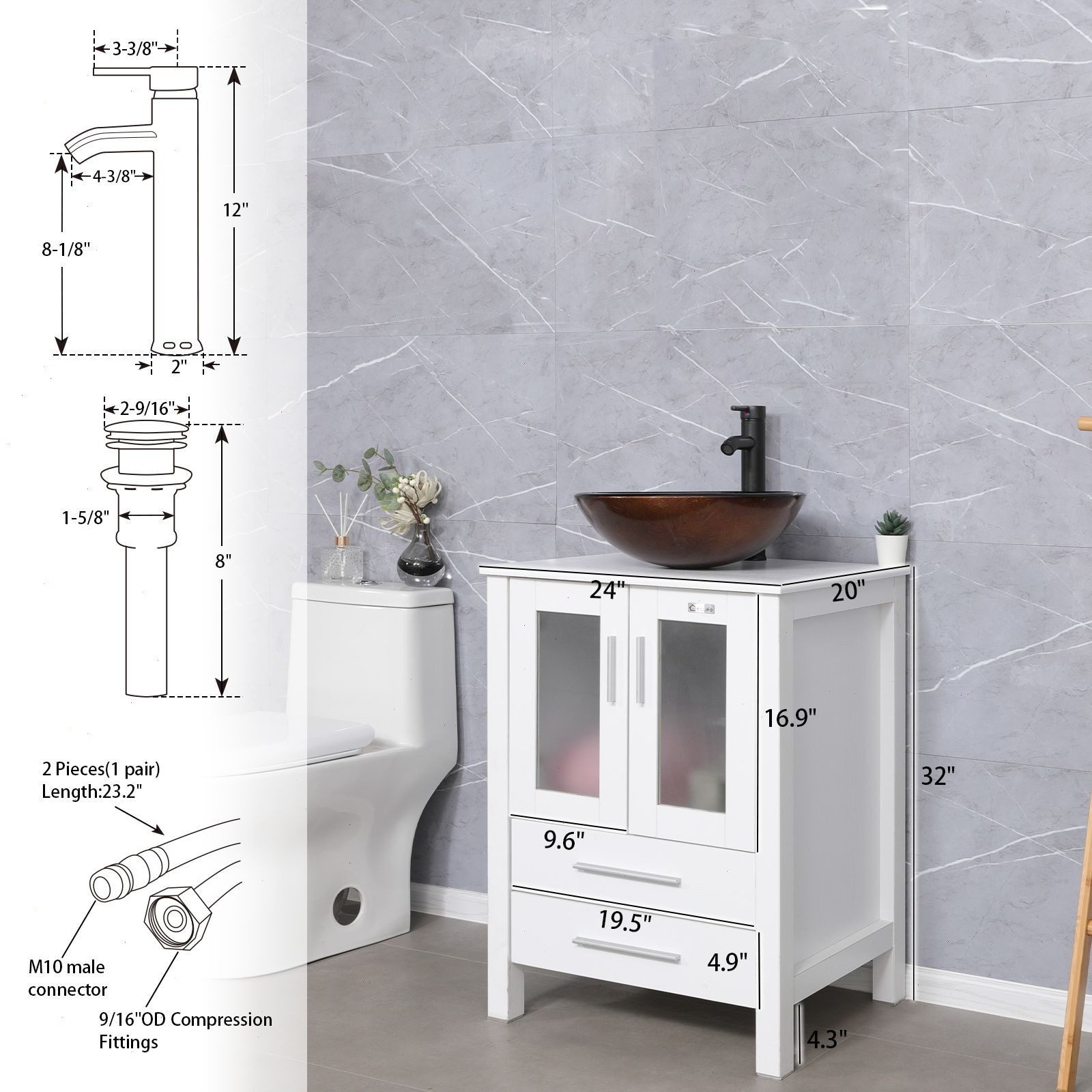 24″ White Bathroom Vanity Set W/Glass Vessel Sink Faucet Mirror Cabinet Combo