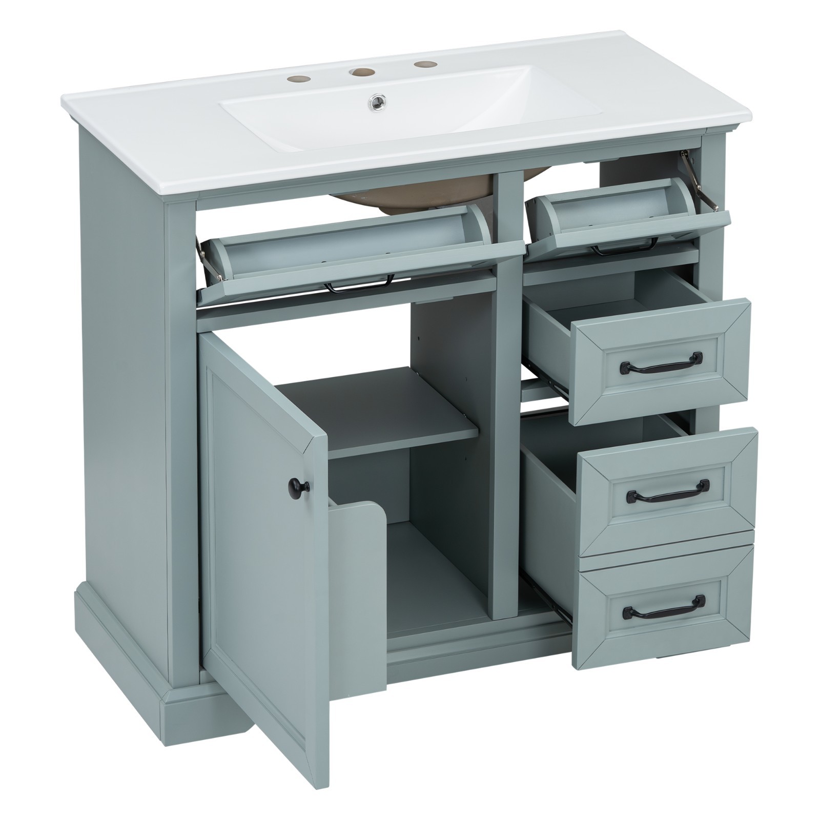 36″ Bathroom Vanity With Ceramic Sink Storage Drawers Doors 3 Faucet Holes