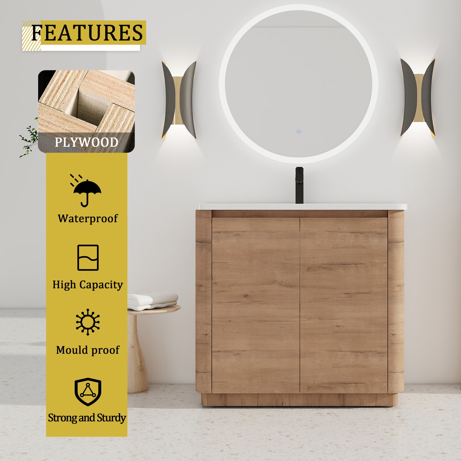 36 inch Freestanding Bathroom Vanity with Ceramic Sink Adjustable Shelf Plywood