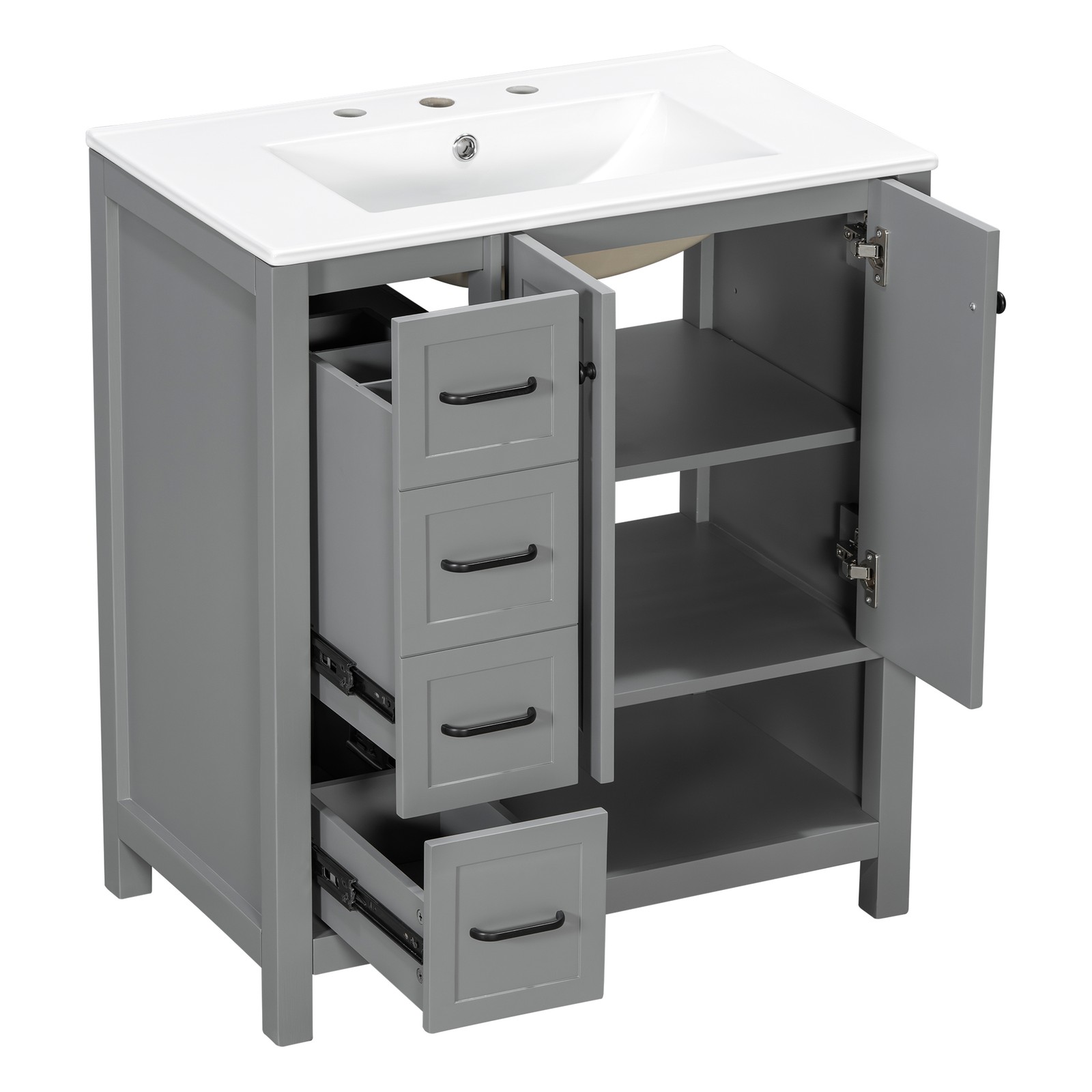 30″ Bathroom Vanity with Sink, 2 Doors & 2 Drawers, Solid Wood, Gray