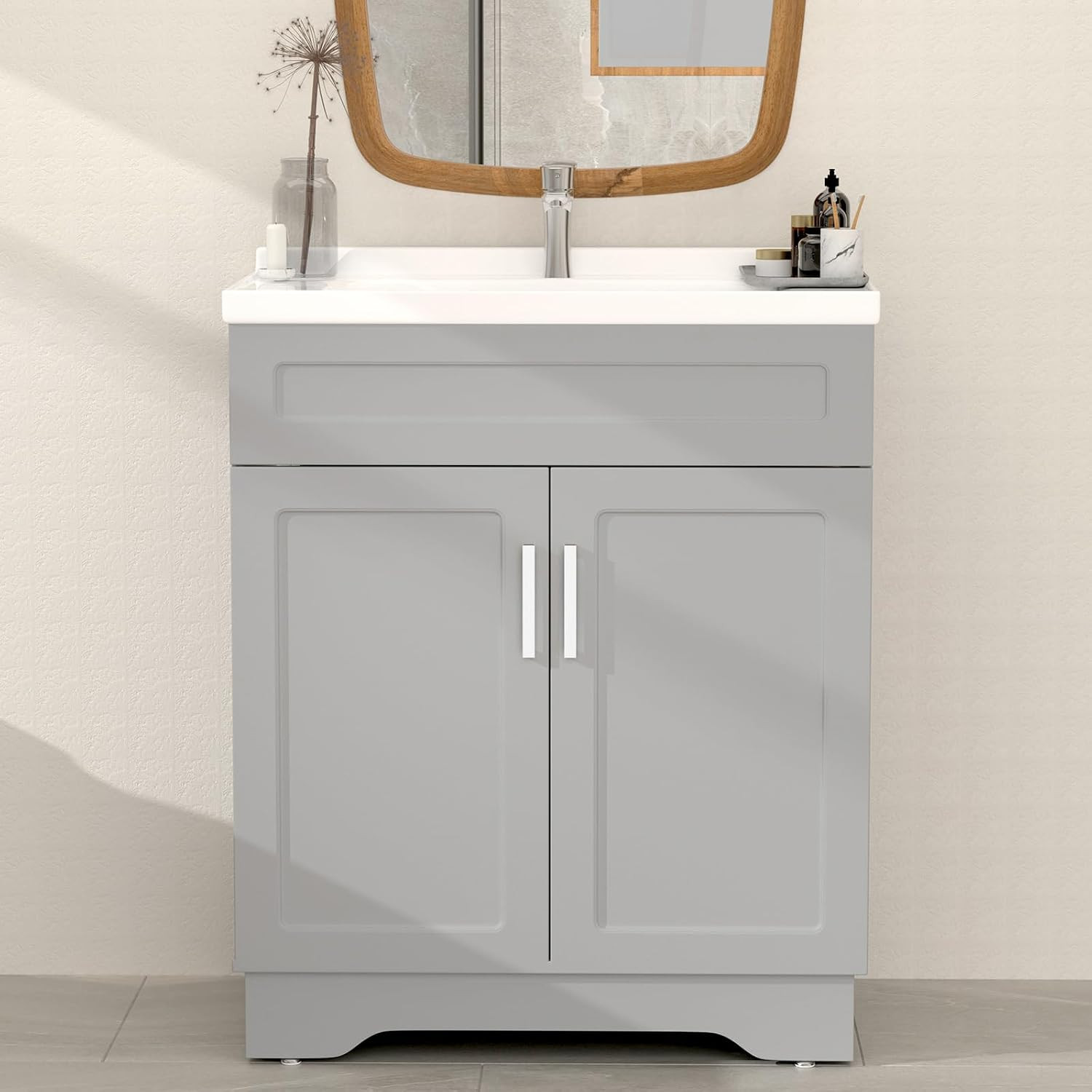 Bathroom Vanity with Ceramic Sink, Bathroom Vanity Cabinet with 2 Doors, 24 Inch