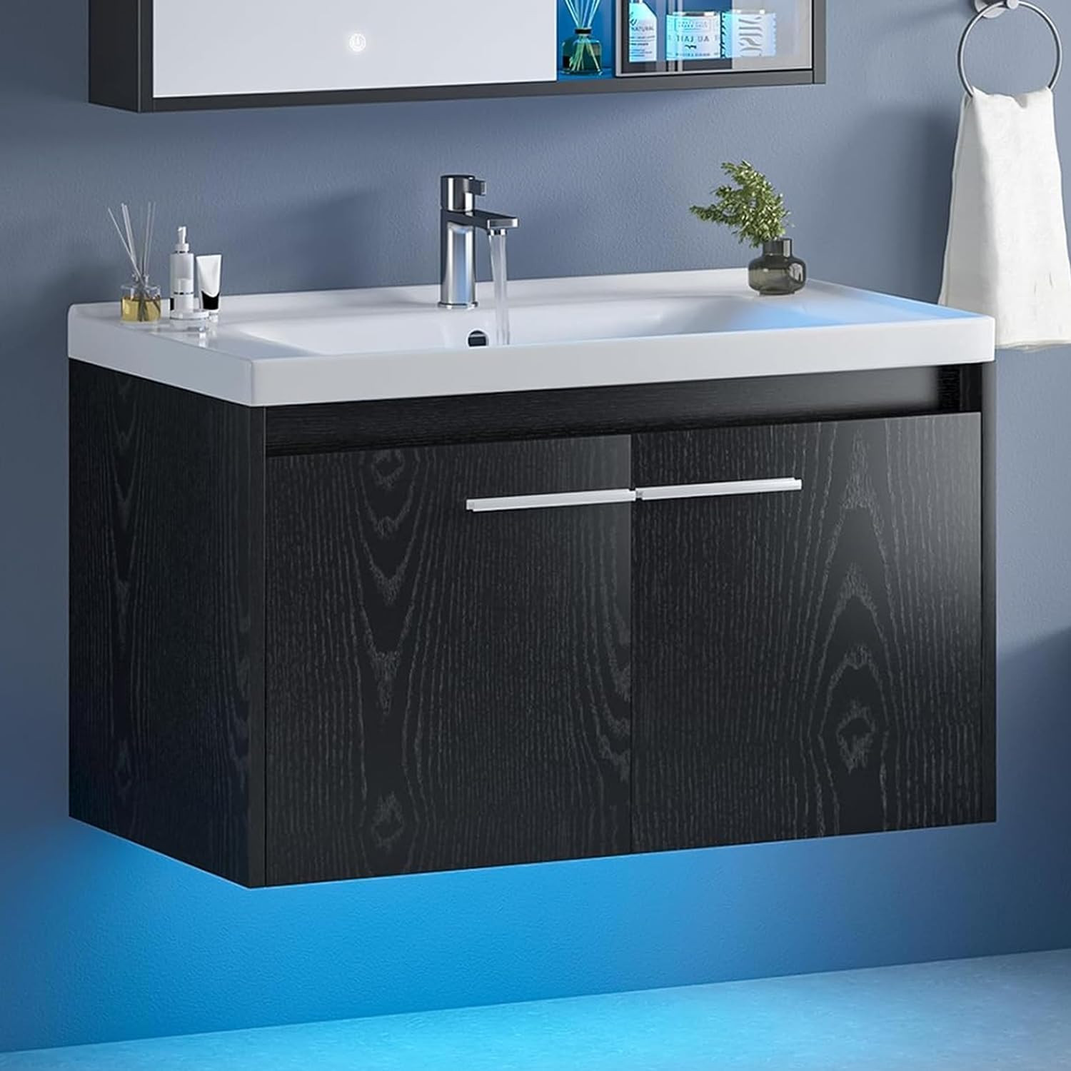31″ Floating Bathroom Vanity with Sink, Modern Black Bathroom Vanity with LED Li
