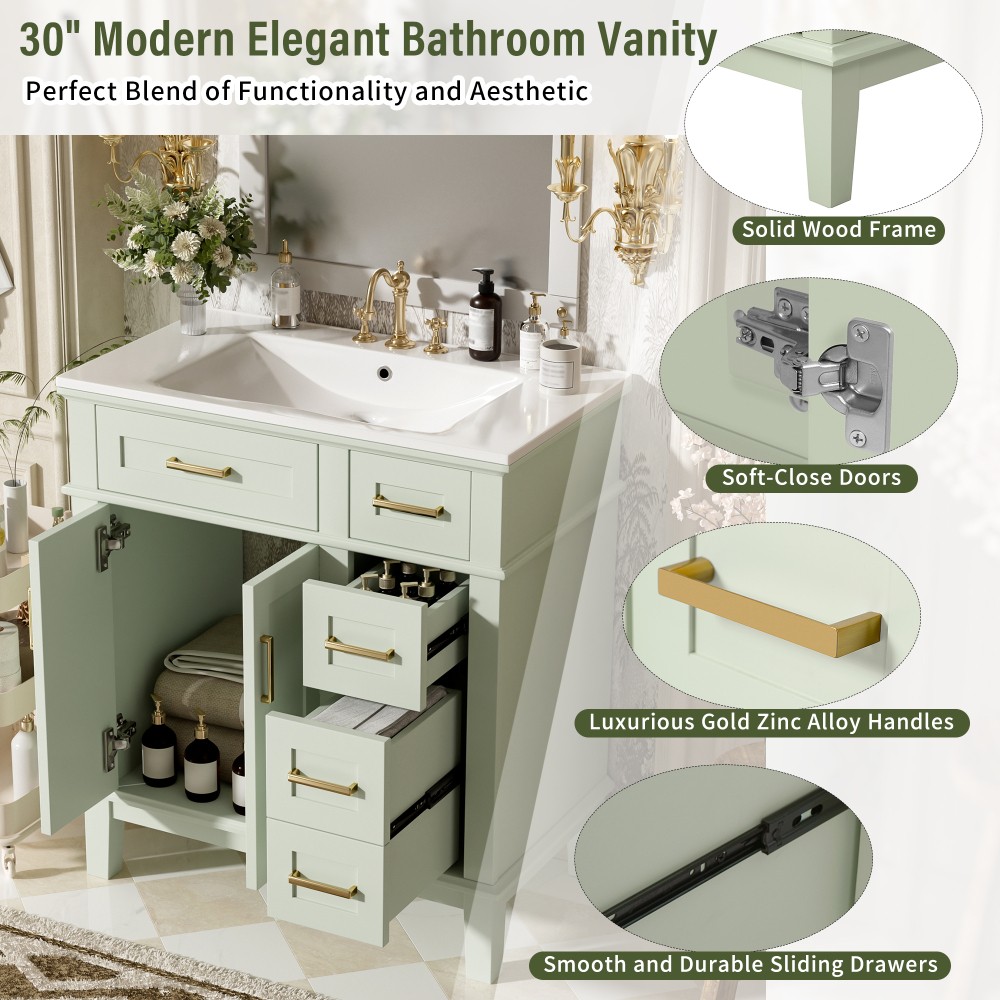 30″Bathroom Vanity with Ceramic Sink Modern Storage CabinetwithSoft-Close Doors