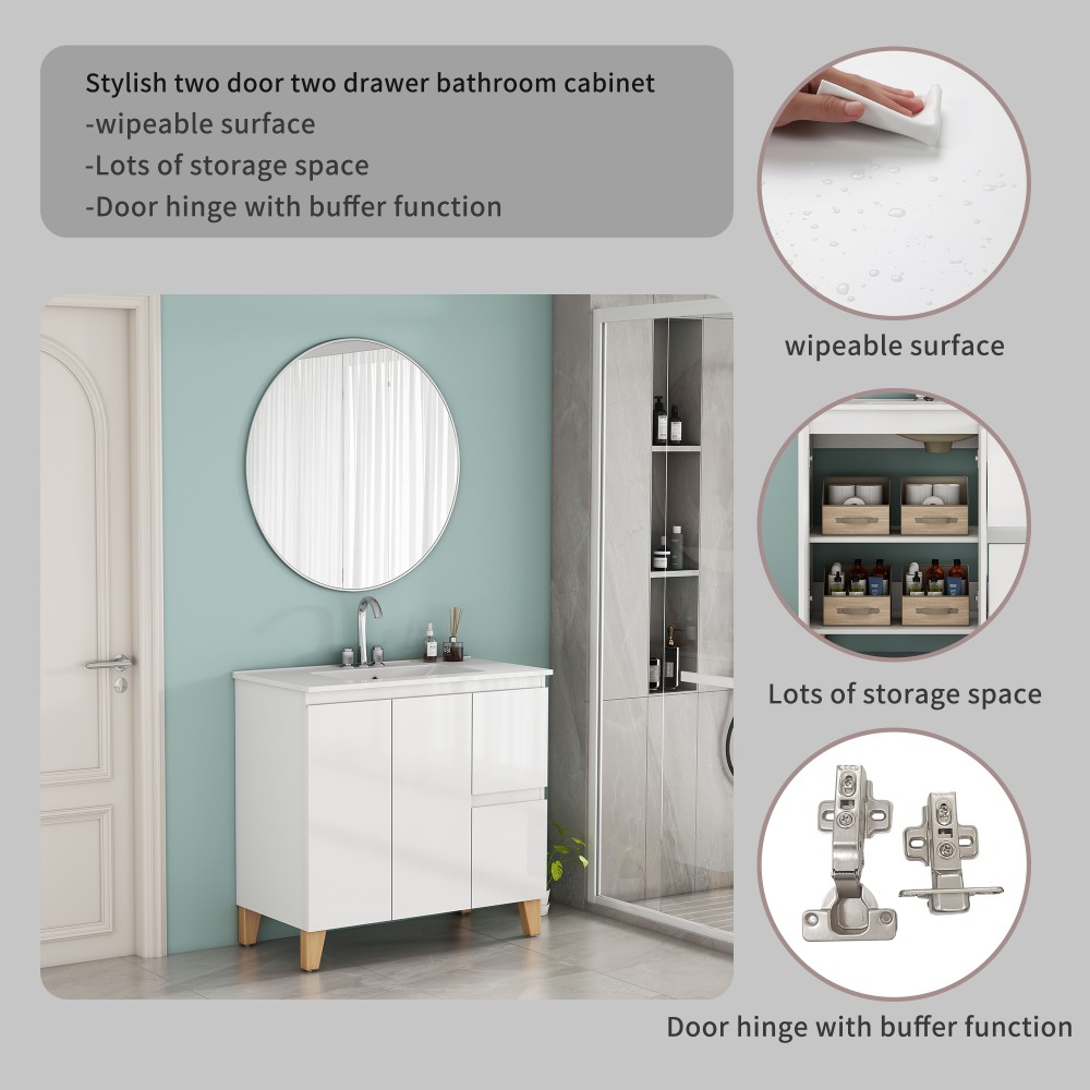 Bathroom cabinet with sink, double doors, and two drawers