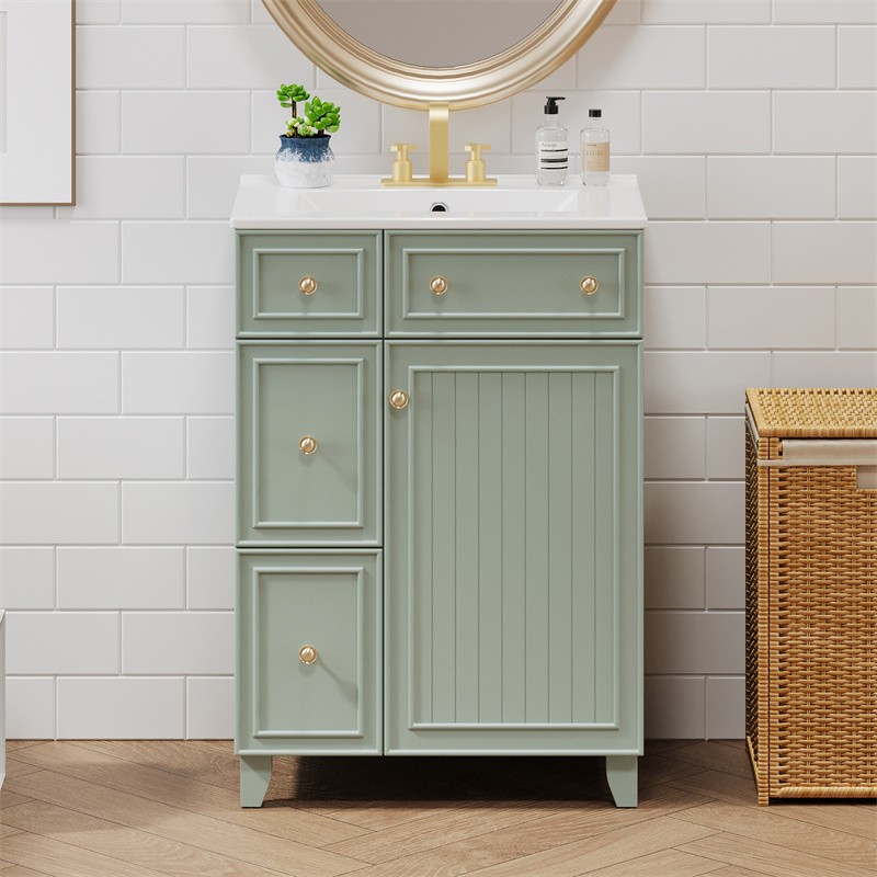 24″ Green Bathroom Vanity Cabinet with Ceramic Sink,2 Drawers,1 Soft-Close Door
