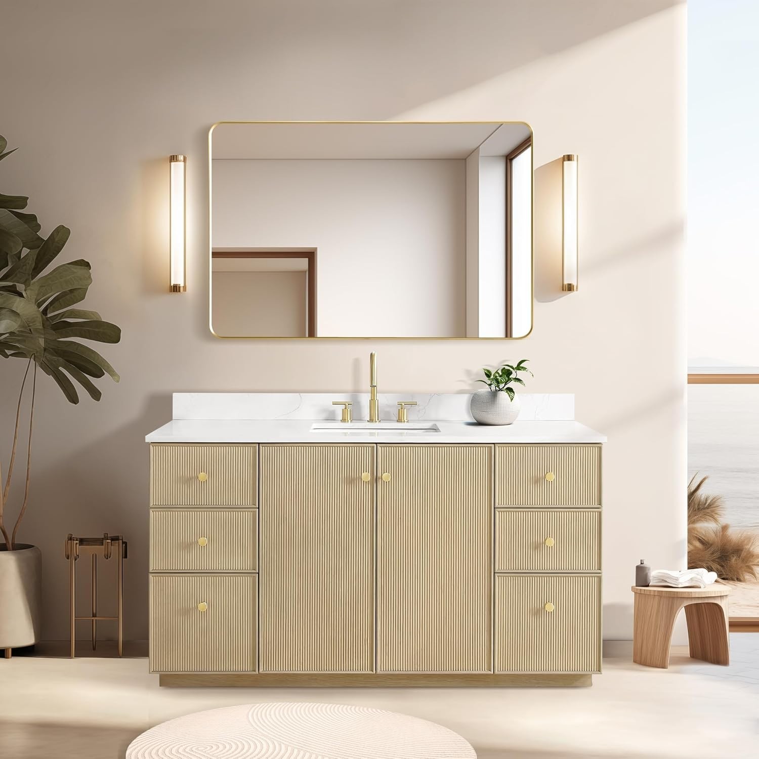 VINNOVA Oza 60″ Single Bath Vanity in Aged Natural Oak with Fish Maw White Quart
