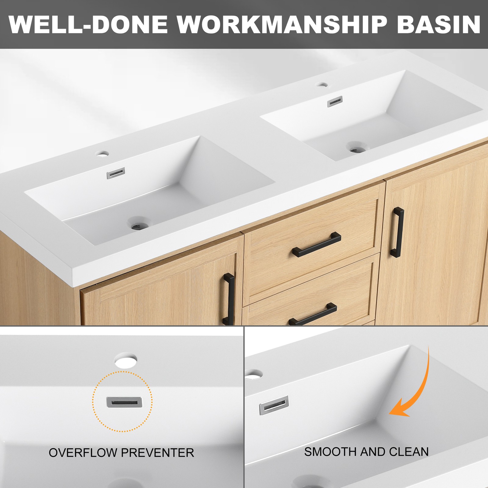 60 in Plywood Bathroom Vanity Freestanding W/Double Resin Sink +2 Doors 3Drawers