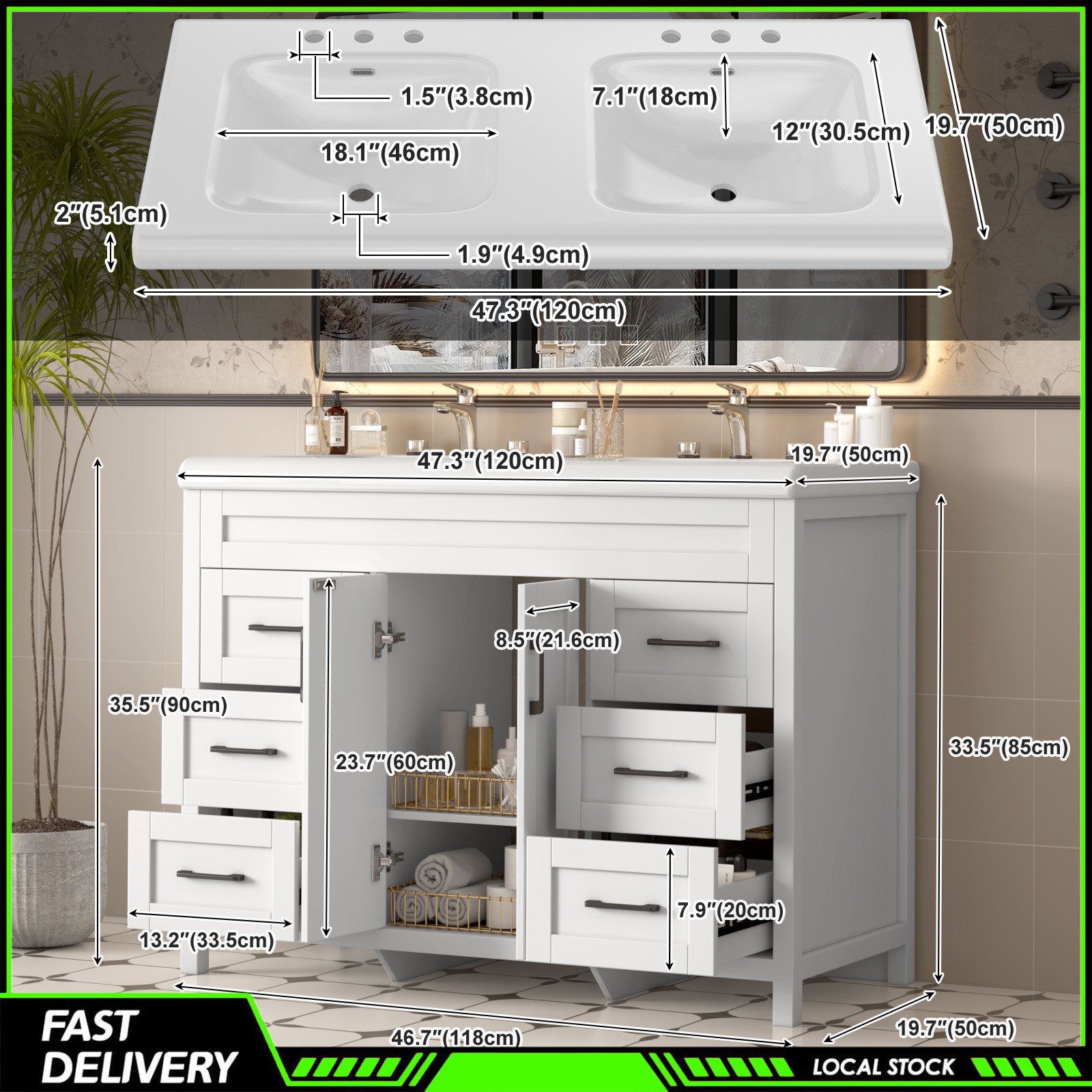 Modern 47 Inch Bathroom Vanity Double Ceramic Sinks Freestanding Drawer Cabinet