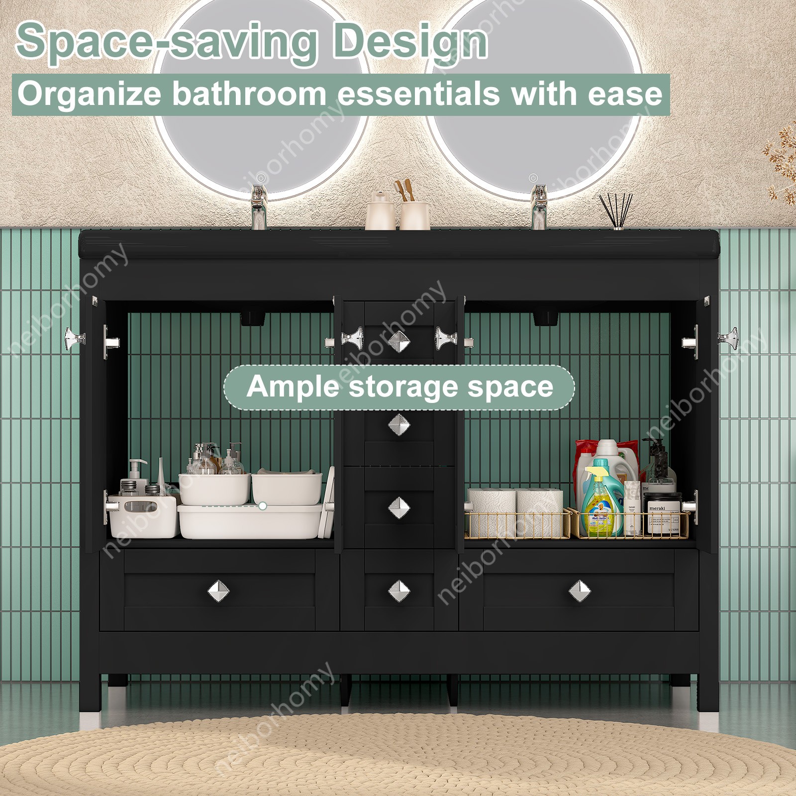 47″ Bathroom Vanity Cabinet with Double Sink Ceramic and 5 Drawers Freestanding